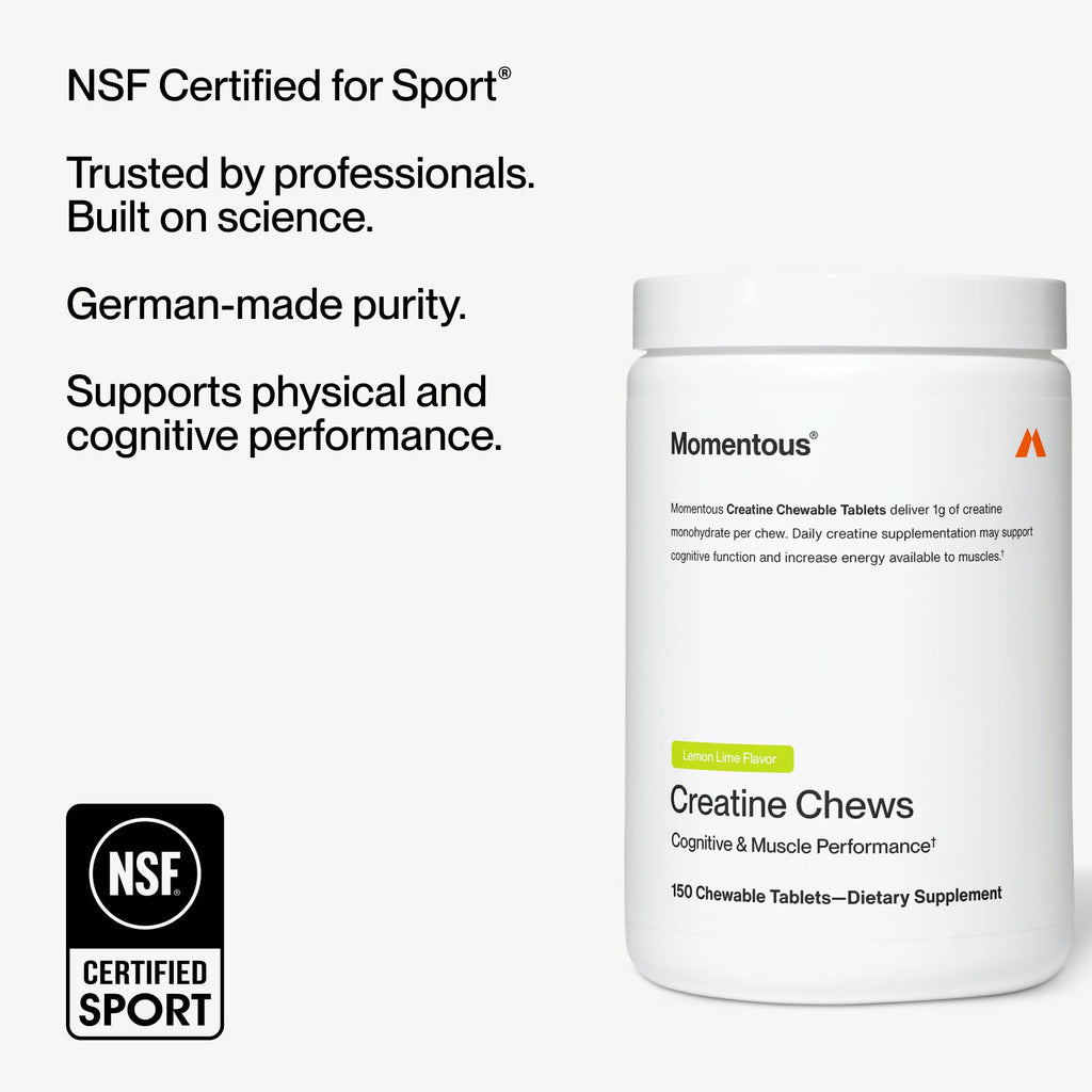 Momentous Creatine Monohydrate Chews, 5g per Serving, Lemon Lime | Supports Lean Muscle, Strength, & Recovery, Chewable Tablets, NSF Certified for Sport, Non-GMO & Gluten-Free (30 Servings)