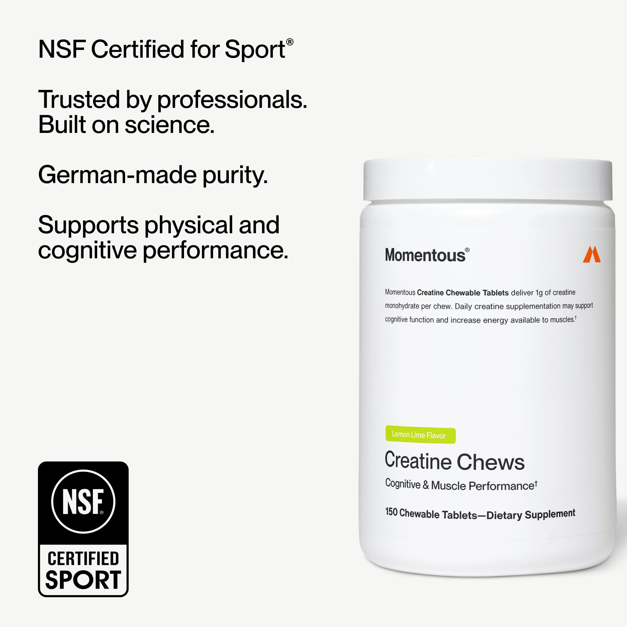 Momentous Creatine Monohydrate Chews, 5g per Serving, Lemon Lime | Supports Lean Muscle, Strength, & Recovery, Chewable Tablets, NSF Certified for Sport, Non-GMO & Gluten-Free (30 Servings)