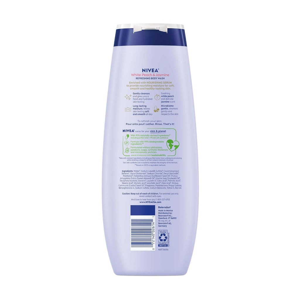 Buy now NIVEA Refreshing White Peach and Jasmine Body Wash with Nourishing Serum, Scented Body Wash for Women, Enriched with Provitamin B5 and Vitamin E, 20 Fl Oz Bottle at indiglob india