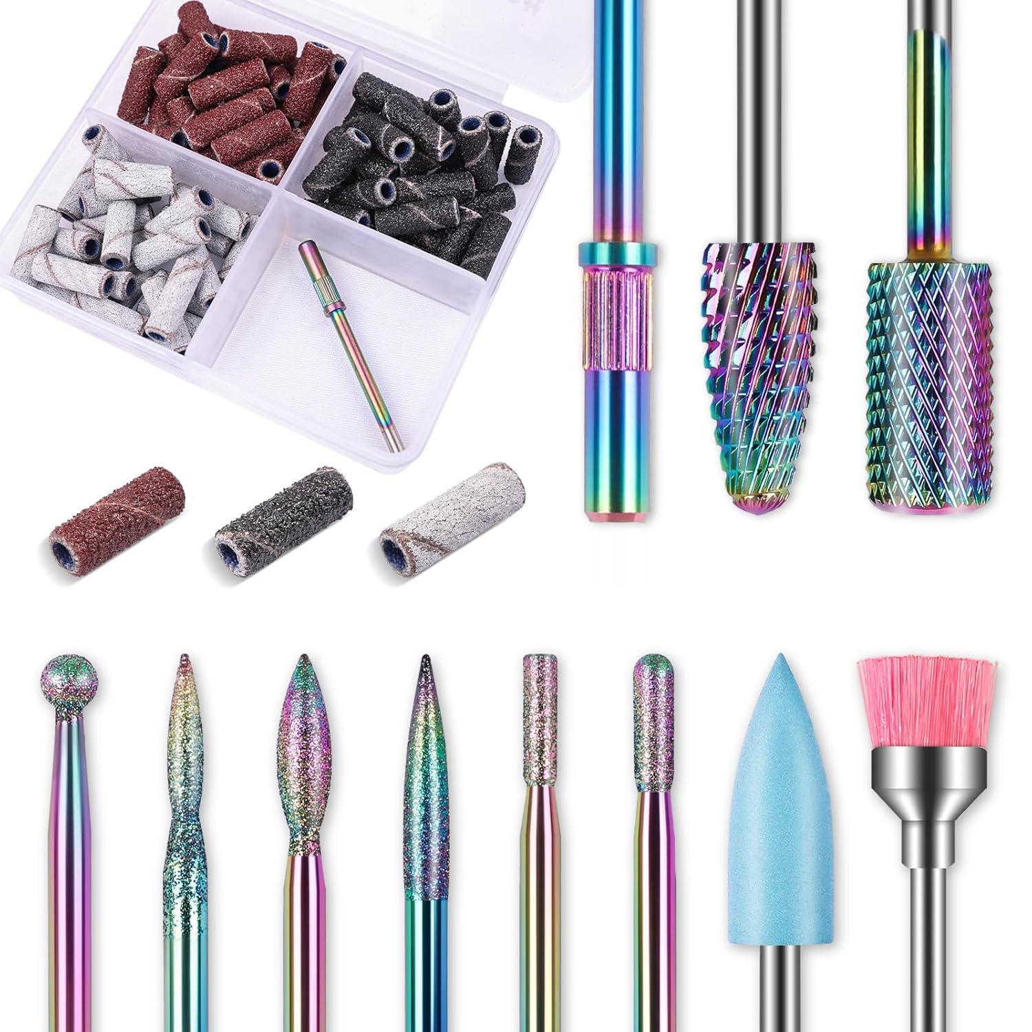 Depvko 10pcs Carbide Nail Drill Bits Set with 75Pcs Small Sanding Bands | Professional Efile Set with #80#120#180 Sanding Bands&Mandrel Bit for Acrylic Gel Removal, Shaping & Manicure Prep