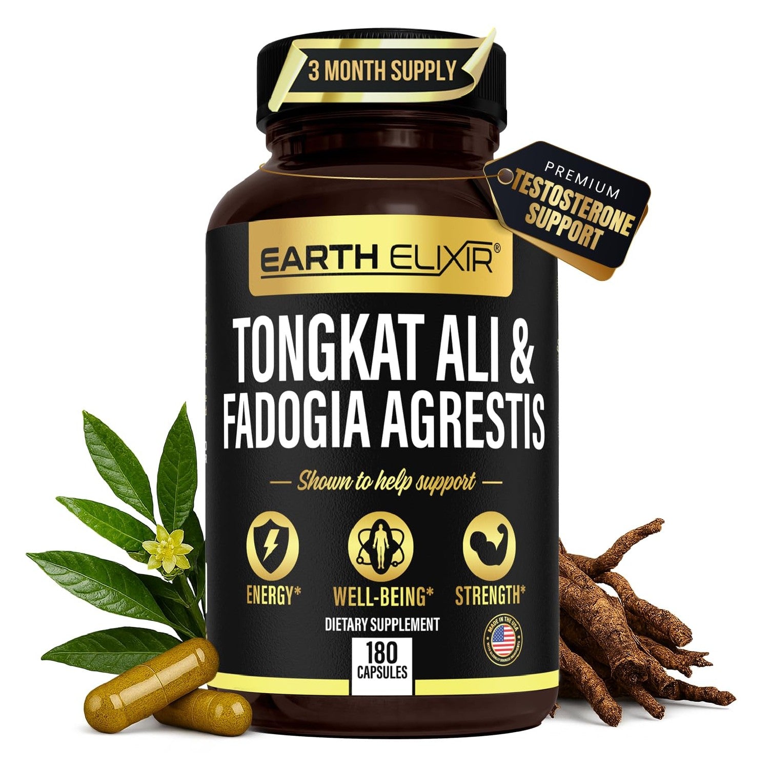 Earth Elixir LJ100 Tongkat Ali & Fadogia Agrestis for Men – Natural Testosterone Supplement - Made in USA & 3rd Party Tested for Strength, Energy & Vitality - Clinically Studied Tongkat Ali LJ100