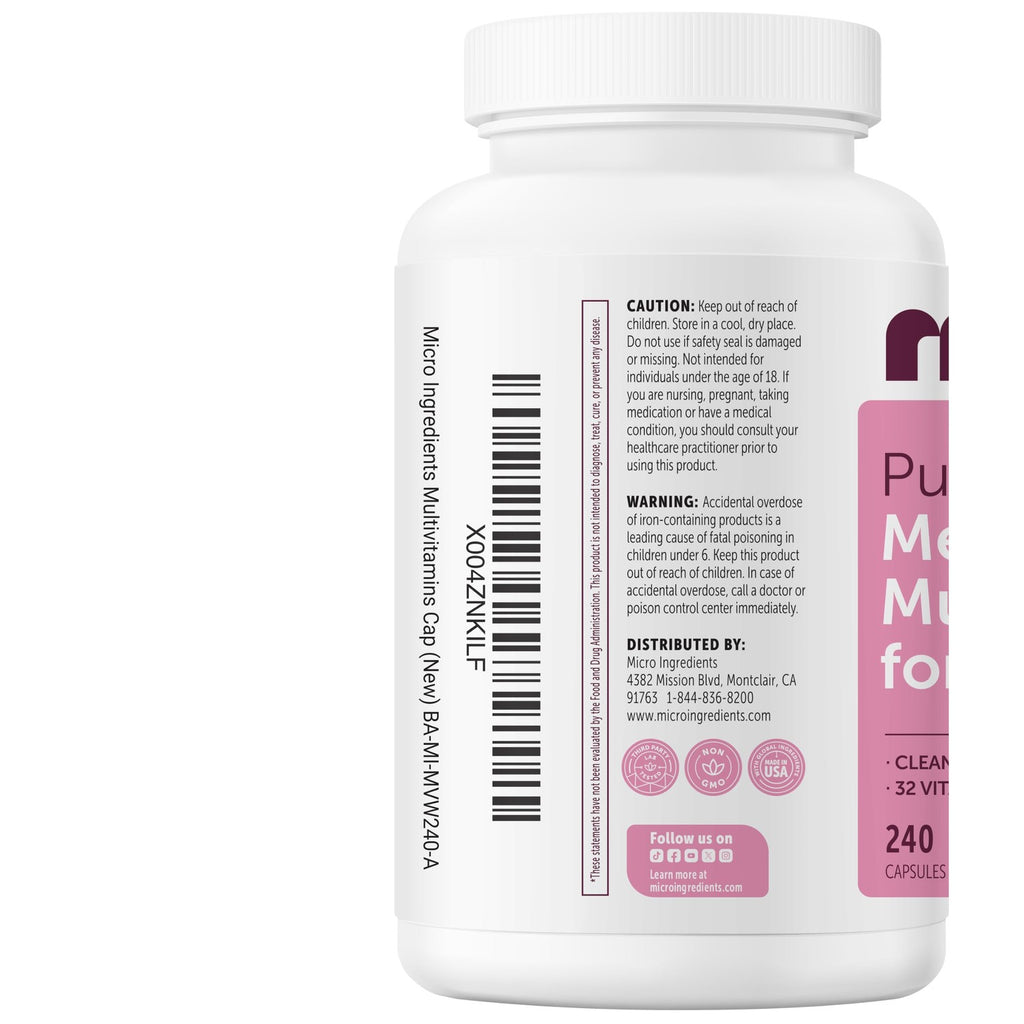 Micro Ingredients Pure Methylated Multivitamin for Women, 240 Capsules | 32-in-1 Formula with Vitamin B, C, D + Iron, Methylfolate & More | Supports Women 's Daily Wellness | Filler Free, Non-GMO