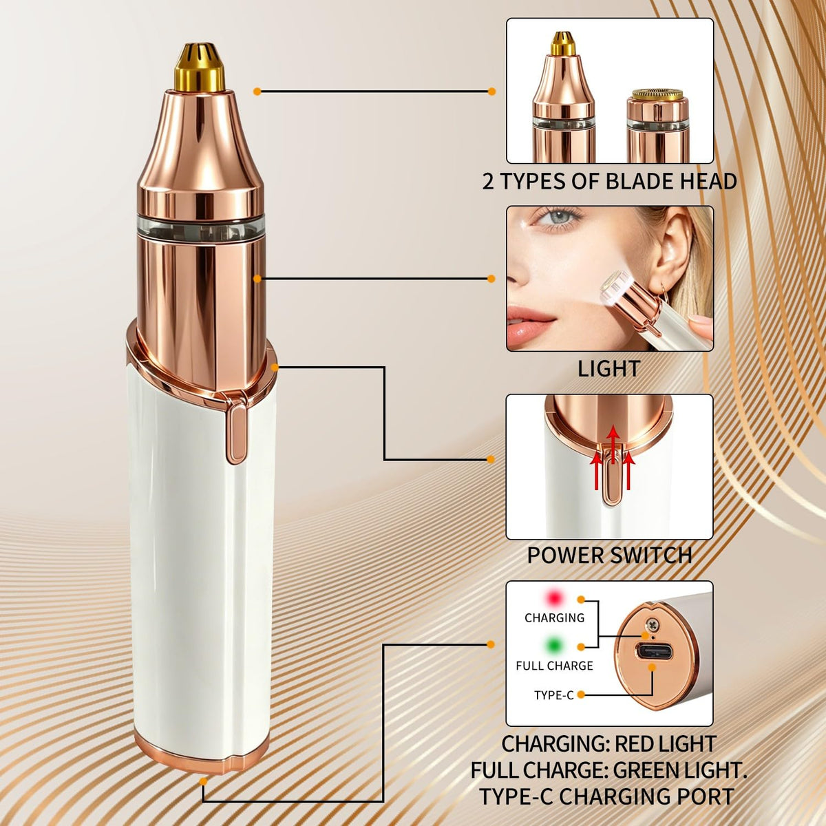 Facial Hair Removal for Women,2 in 1 Electric Hair Removal Device for Chin Upper Lip Peach Fuzz & Rechargeable Eyebrow Trimmer with LED Light for Precise Shaping
