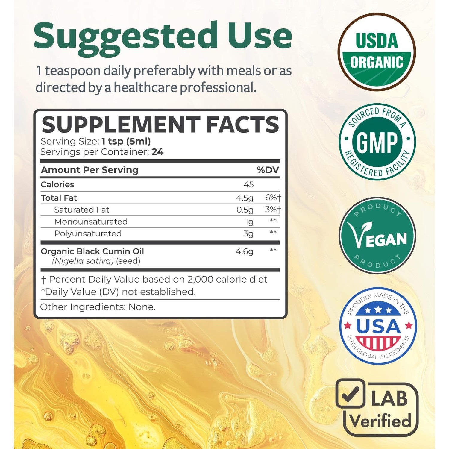 USDA Organic Black Seed Oil Liquid (4 fl oz) Premium Cold-Pressed Nigella Sativa Producing Pure Black Cumin Seed Oil - Antioxidant Supplement - Vegan, Gluten-Free, & Non-GMO (No Pills or Capsules)