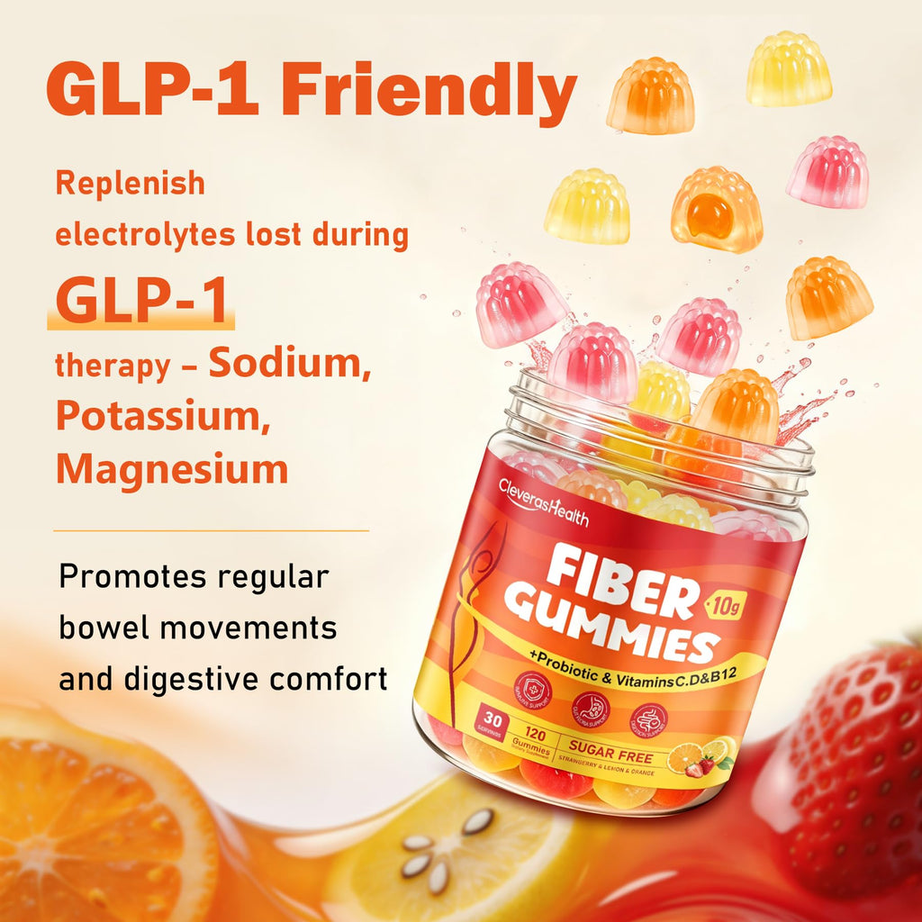 10G Fiber Gummies for Adults with 30 Billion CFU Probiotics,Vitamins C, D, B12,Electrolytes - Supports Digestive Health & Relieves Constipation and Bloating,Sugar Free - 120 Count