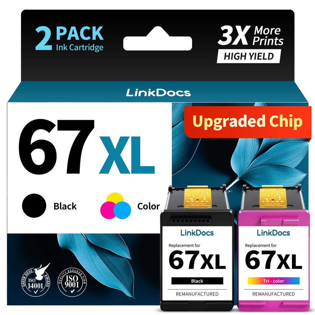 LinkDocs 67xl Ink Cartridges Combo Pack Remanufactured Replacement for HP Ink 67 Work with HP DeskJet 2855e 2800e 2755e Envy 6055e Pro 6400 6455 DeskJet 2732 2752 Printers (2-Pack Black&Tri-Color)
