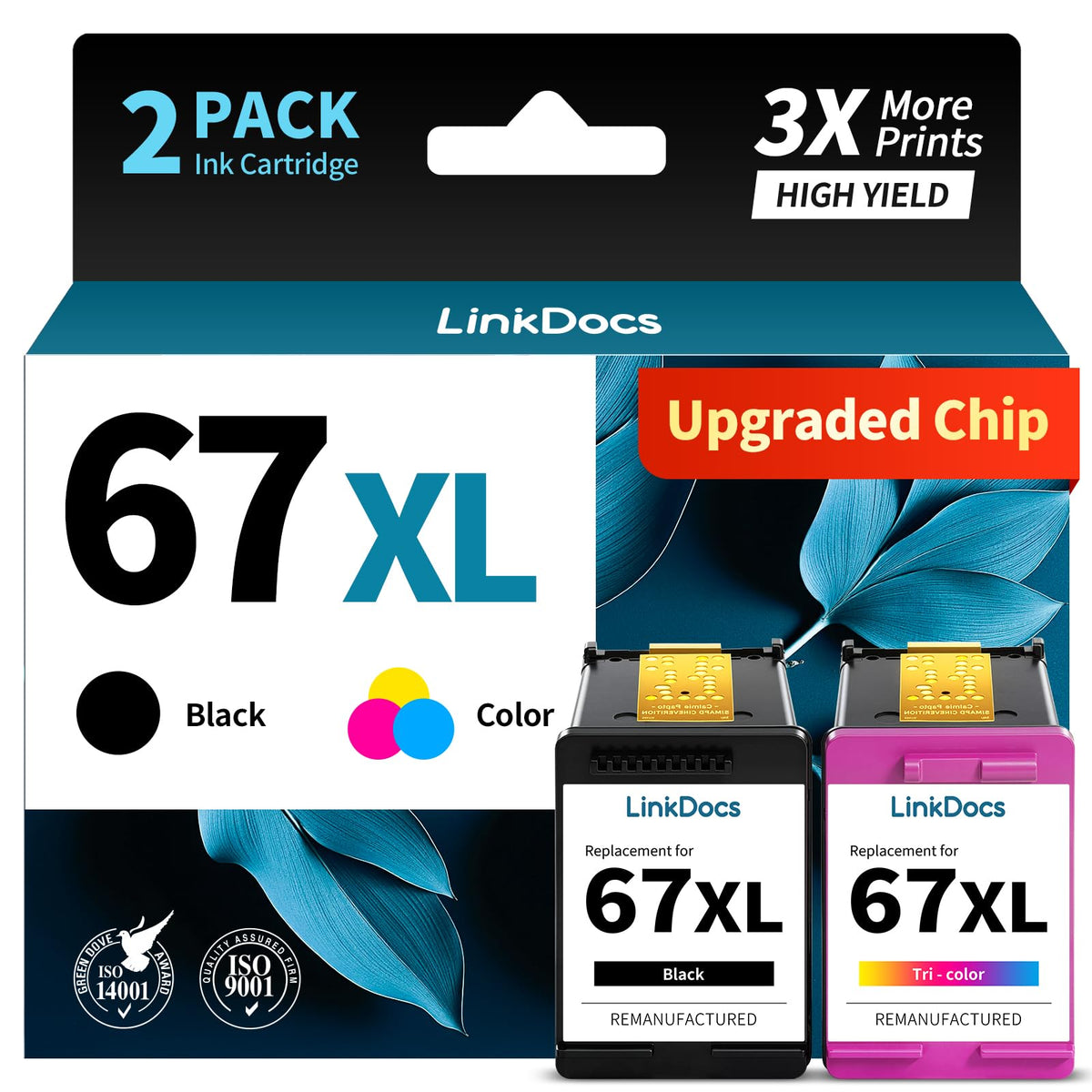 LinkDocs 67xl Ink Cartridges Combo Pack Remanufactured Replacement for HP Ink 67 Work with HP DeskJet 2855e 2800e 2755e Envy 6055e Pro 6400 6455 DeskJet 2732 2752 Printers (2-Pack Black&Tri-Color)