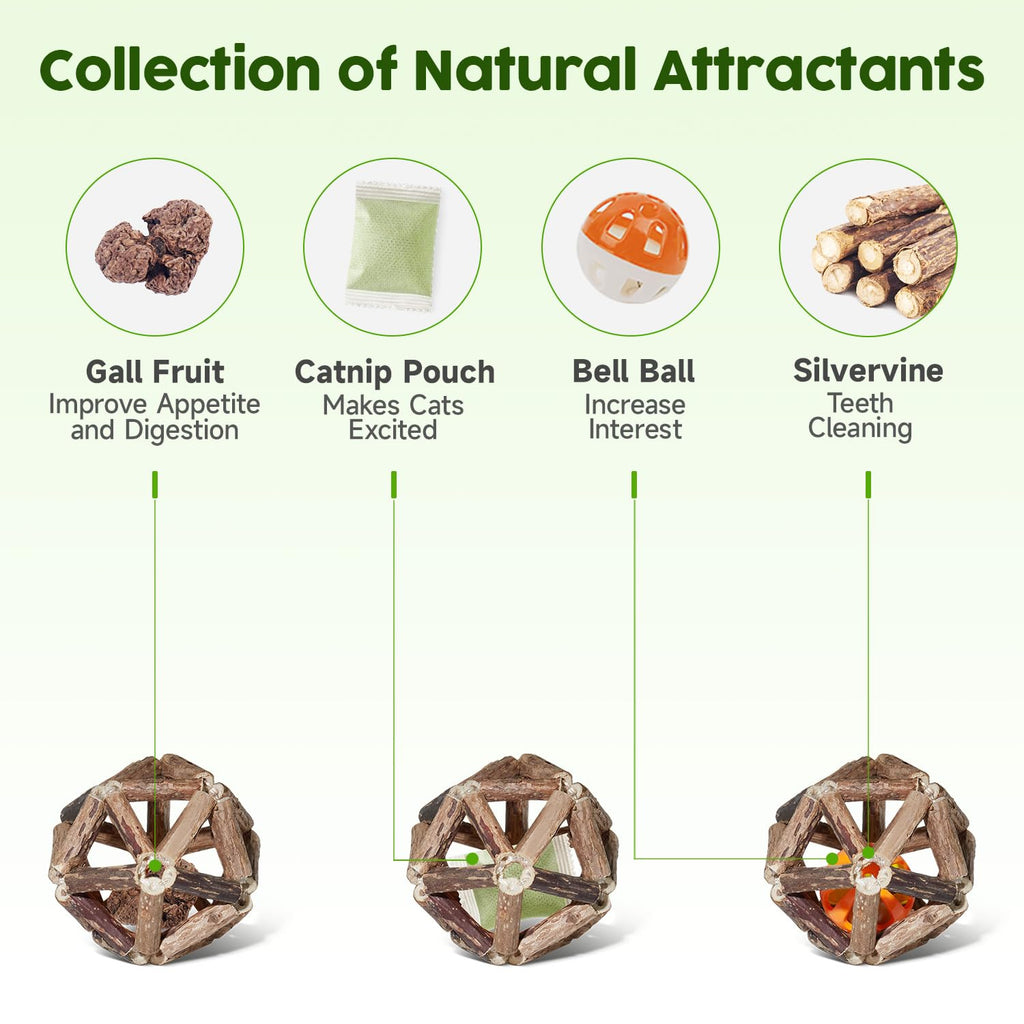 Potaroma Catnip Toys, 3Pcs Cat Toys Natural Silvervine Stick Cage Balls & Bell Ball for Indoor Cats, Kitten Cleaning Teeth Molar Matatabi Cat Chew Toy All Breeds