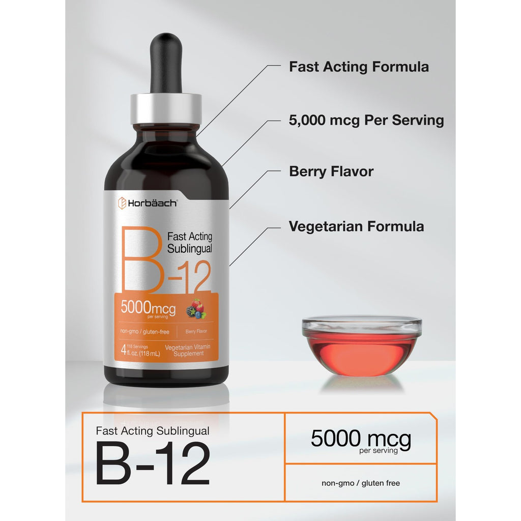 Horbaach B12 Vitamin 5000 mcg Sublingual | 4 Fl Oz | as Methylcobalamin and Cyanocobalamin | Liquid Vegetarian Drops | Berry Flavor | Non-GMO & Gluten Free Supplement