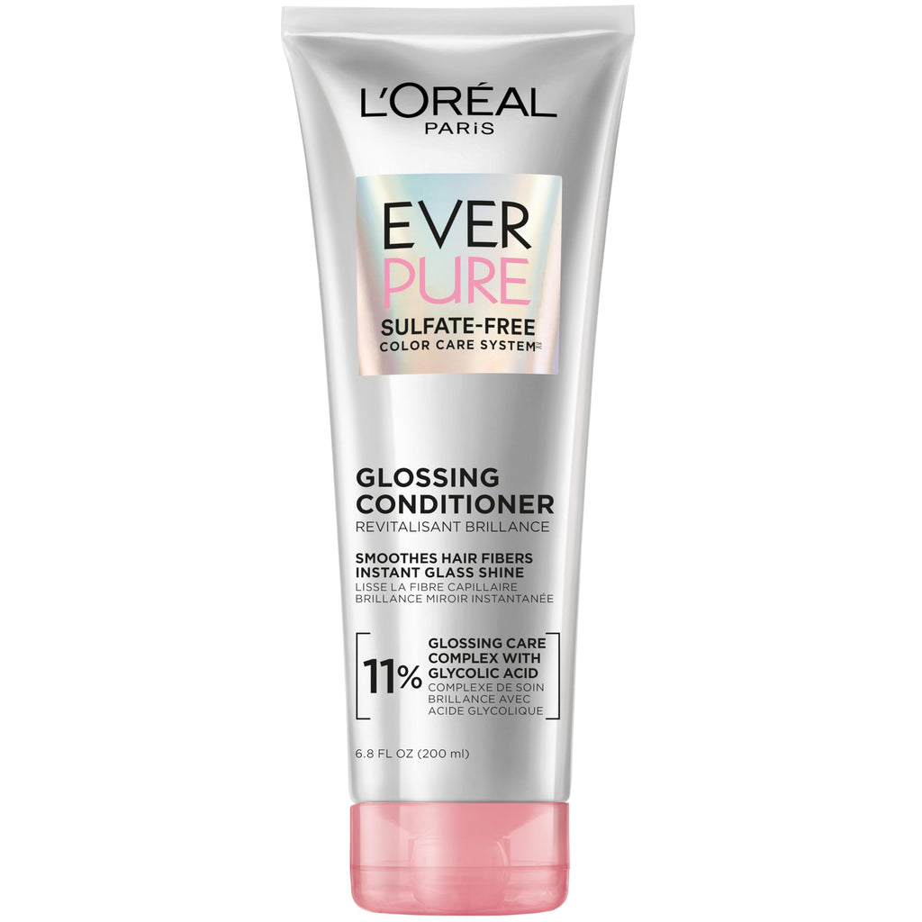 L’Oreal Paris Sulfate Free Glossing Conditioner with Glycolic Acid, Provides Intense Glass Hair Shine, Smoothness & Soft Feel, Suitable for Dull, Dry, and Color-Treated Hair, EverPure, 6.8 Fl Oz