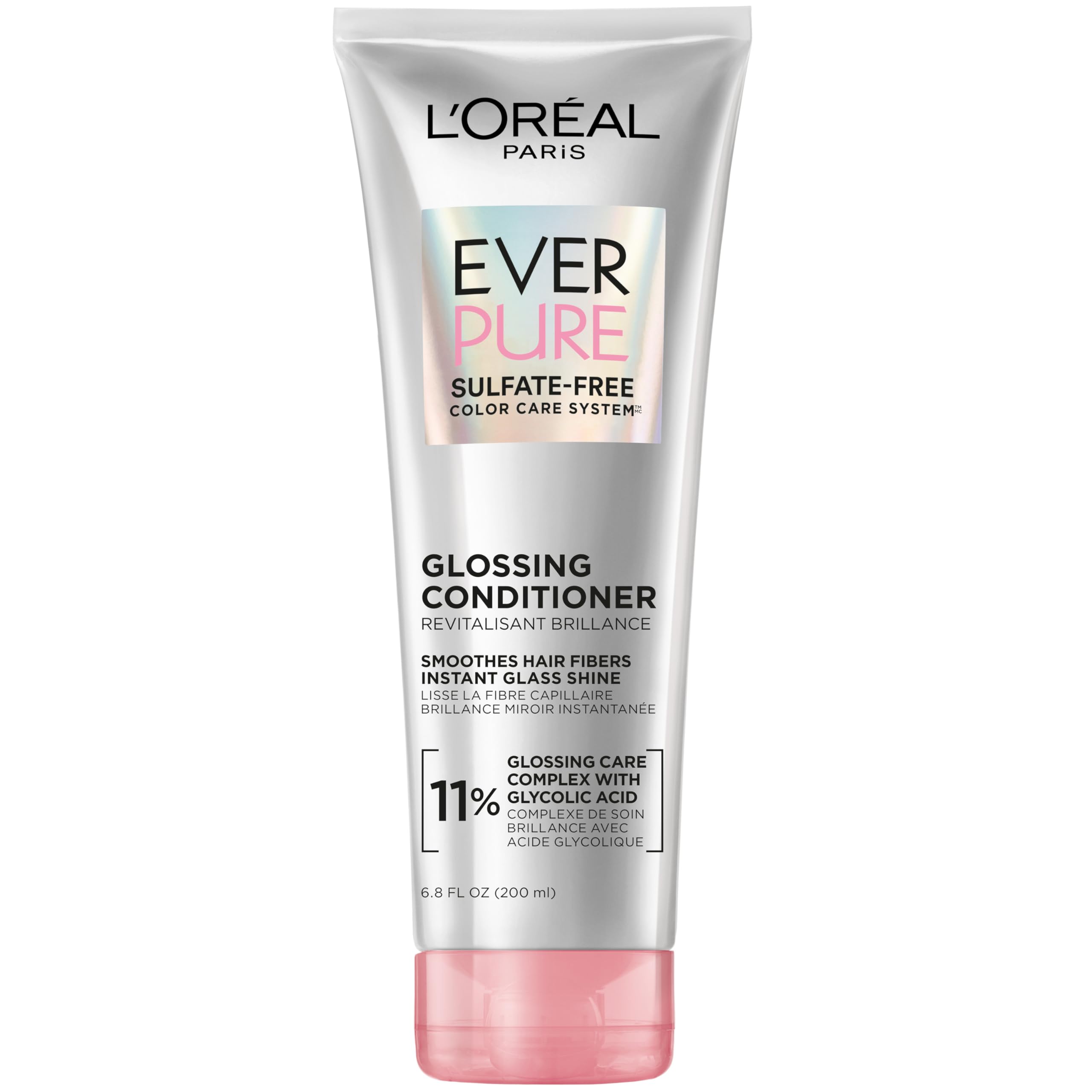 L’Oreal Paris Sulfate Free Glossing Conditioner with Glycolic Acid, Provides Intense Glass Hair Shine, Smoothness & Soft Feel, Suitable for Dull, Dry, and Color-Treated Hair, EverPure, 6.8 Fl Oz