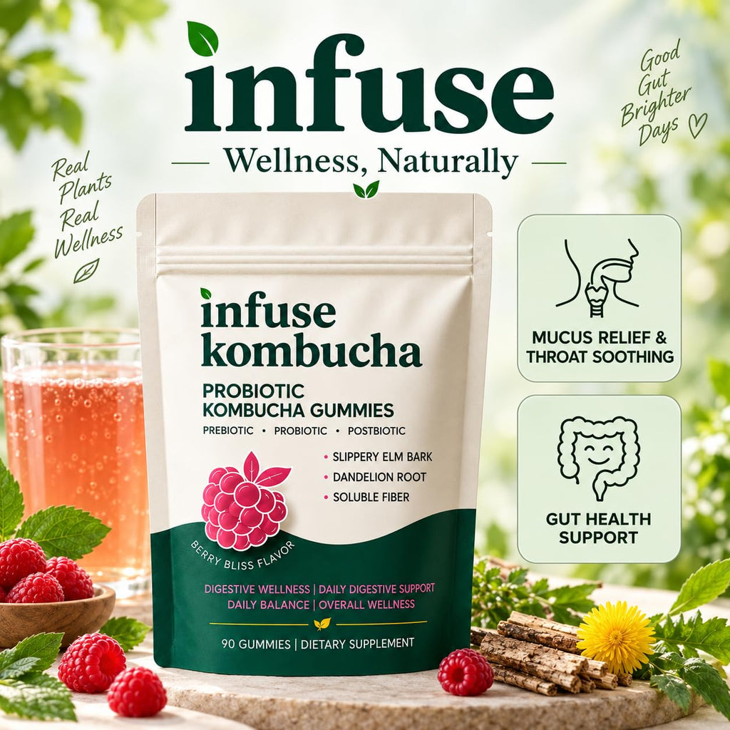 infuse Probiotic Kombucha Gummies, 90 Gummies, for Throat Clearing Bloating, Gut Health for Women, Fiber Gummies, Prebiotics and Probiotics for Women, Slippery Elm, Dandelion Root, MCT Oil