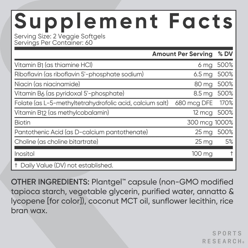 Sports Research® Vitamin B-Complex, 120 Count Plantgels™ | Full Spectrum of B Vitamins with Methylated B12 & Folate - Gluten Free · Plant-Based · Non-GMO · Vegan-Friendly Formula