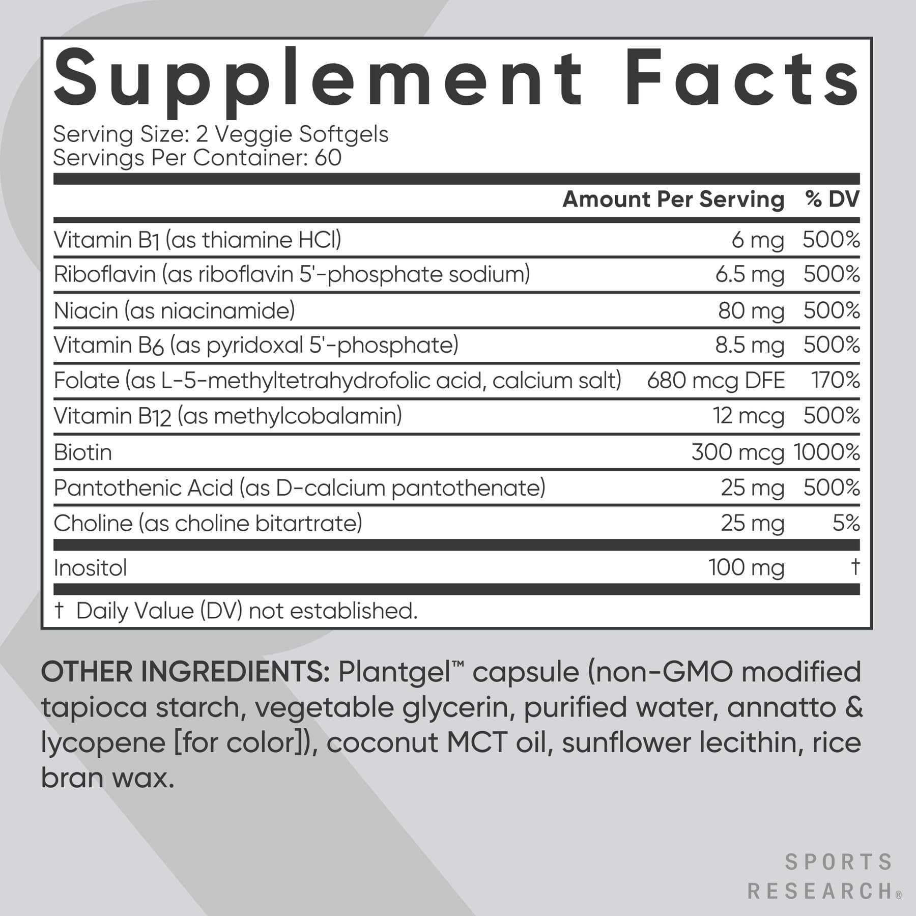 Sports Research® Vitamin B-Complex, 120 Count Plantgels™ | Full Spectrum of B Vitamins with Methylated B12 & Folate - Gluten Free · Plant-Based · Non-GMO · Vegan-Friendly Formula