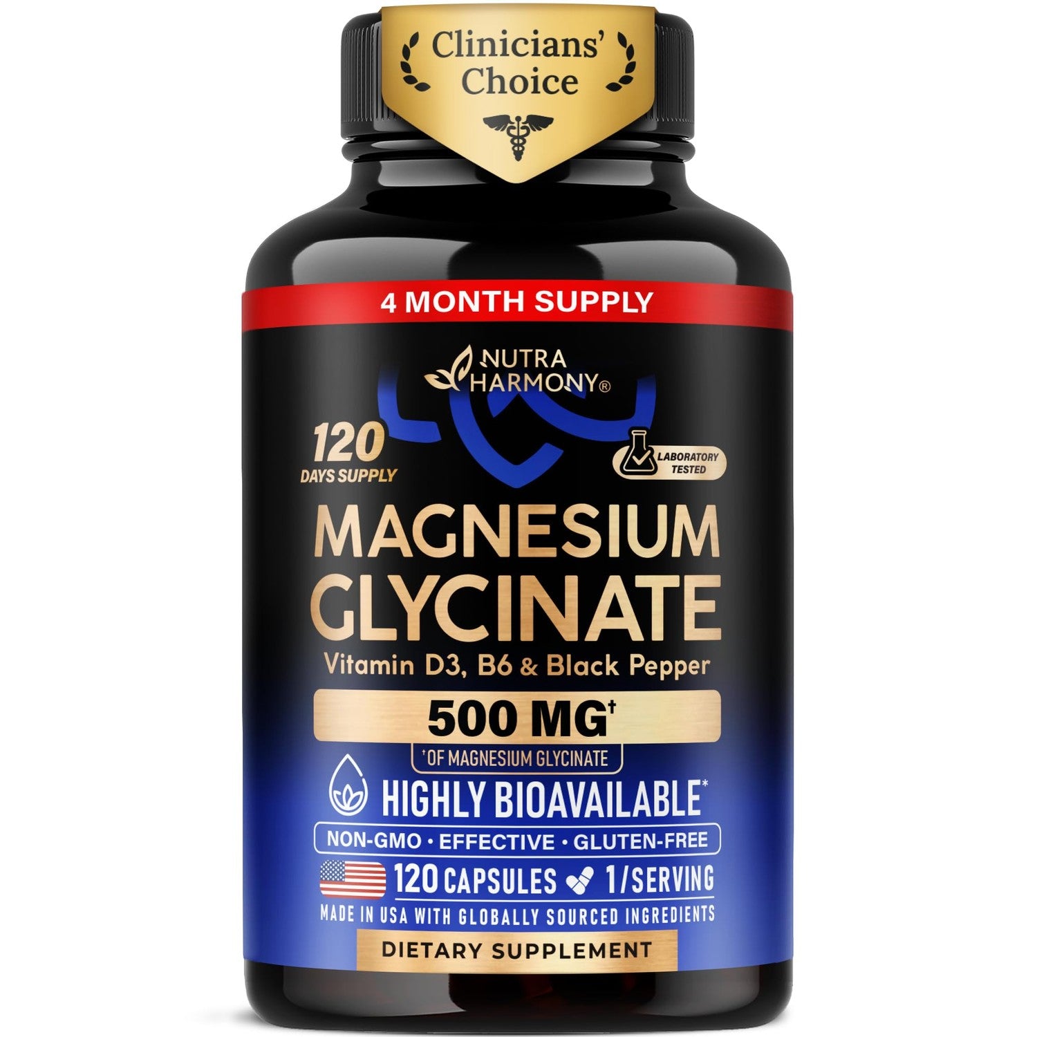 Magnesium Glycinate 500mg - VIT. B6 & D3 - Sleep, Muscle & Heart - 120 Caps | Magnesium Bisglycinate - Chelated High Absorption with Black Pepper - Magnesium for Women & Men - Lab Tested & Non-GMO