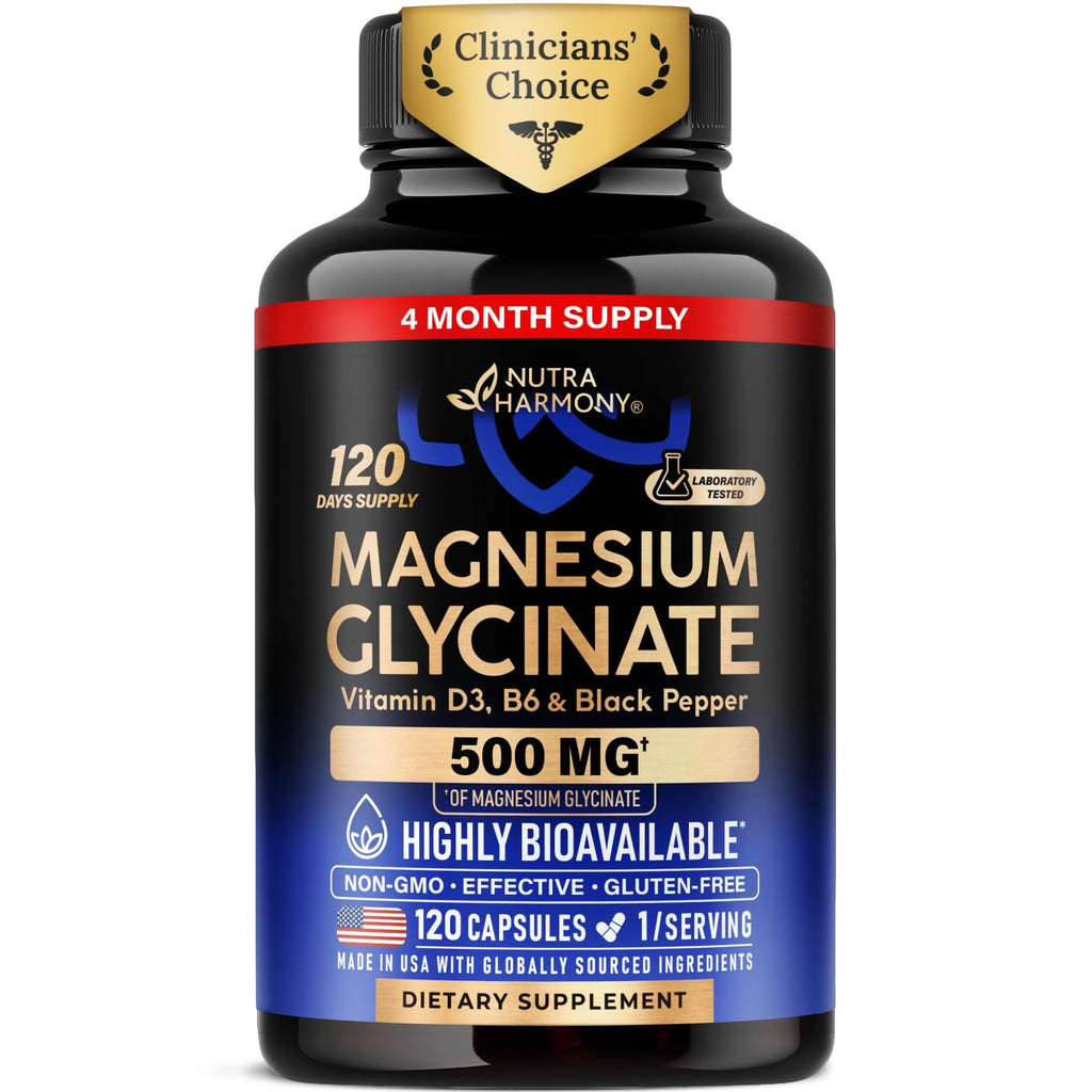 Magnesium Glycinate 500mg - VIT. B6 & D3 - Sleep, Muscle & Heart - 120 Caps | Magnesium Bisglycinate - Chelated High Absorption with Black Pepper - Magnesium for Women & Men - Lab Tested & Non-GMO