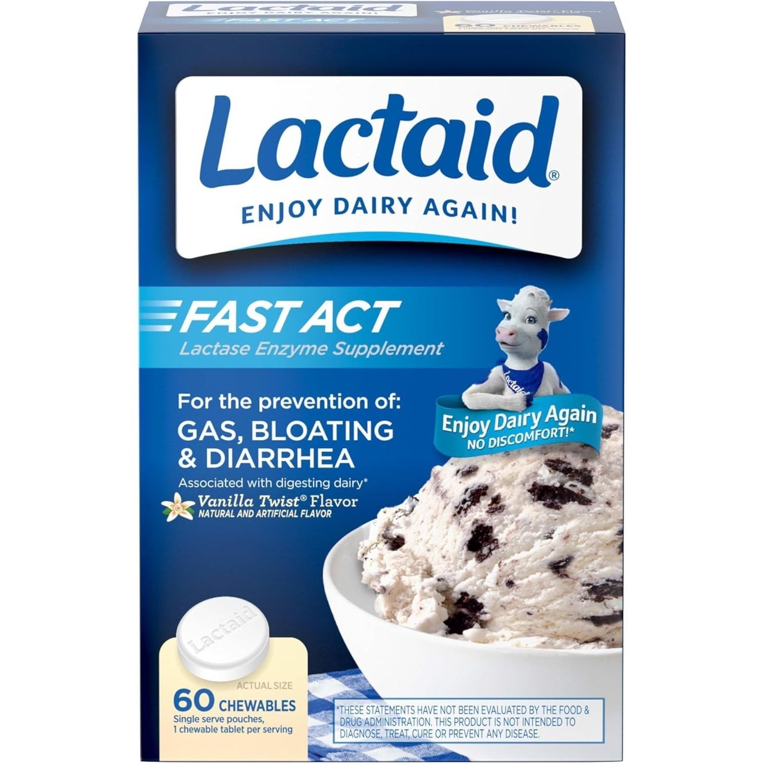 Buy now Lactaid Fast Act Lactose Intolerance Relief Chewables with Natural Lactase Enzyme (9000 FCC) to Prevent Gas, Bloating & Diarrhea Due to Lactose Sensitivity, On-The-Go, Vanilla Twist Flavor, 60 x 1 ct at indiglob india