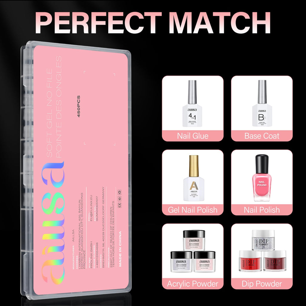 AILLSA Short Almond Nail Tips come in a 450PCS set, featuring soft gel tips, compatible with nail glue and polish for flawless nails.