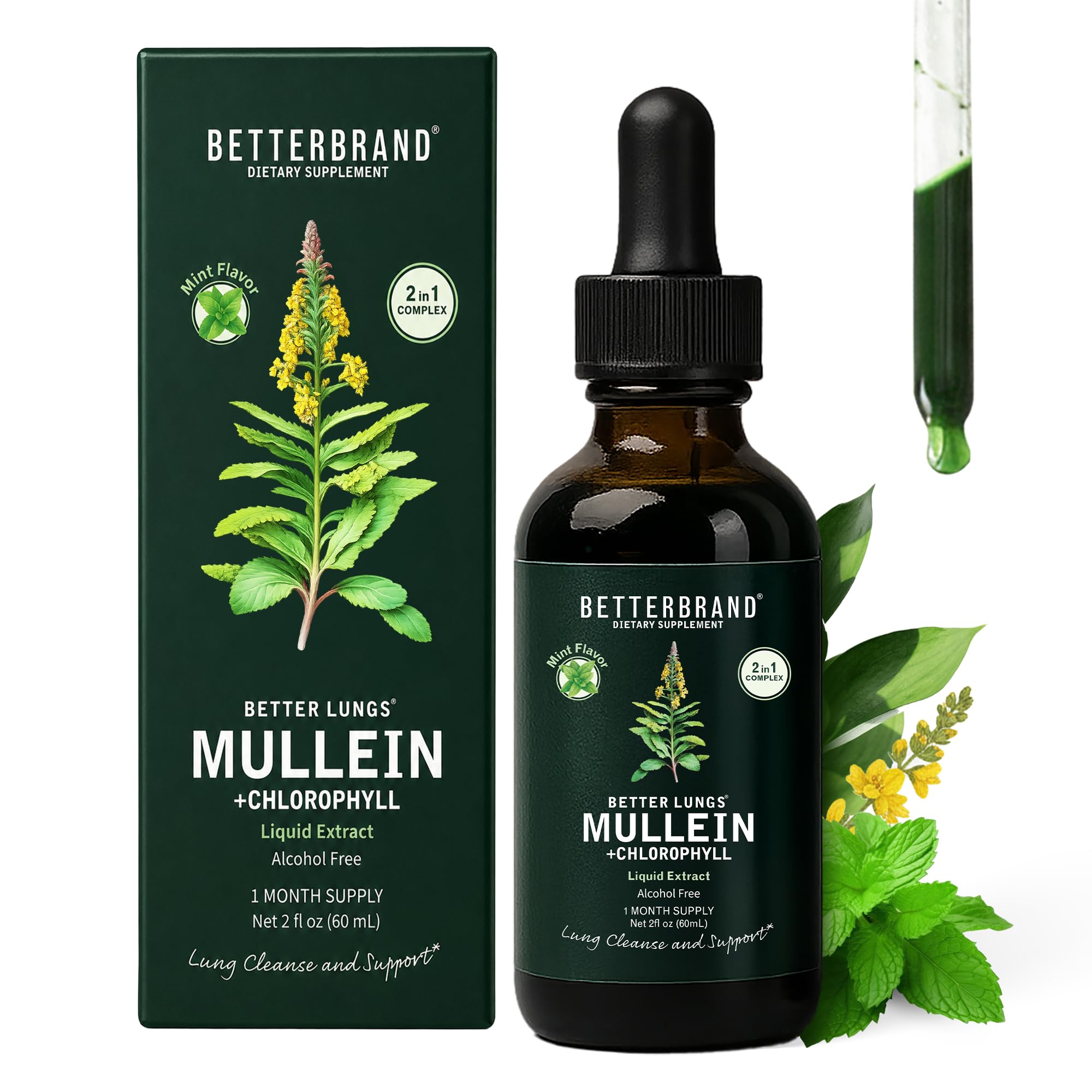 Betterbrand Mullein Drops, Alchohol-Free Lung Detox with Chlorophyll | 30:1 Mullein Leaf Tincture, Lung Cleanse, Long-Term Lung & Respiratory Health, Mullein Drops Supplement, Improved Airflow