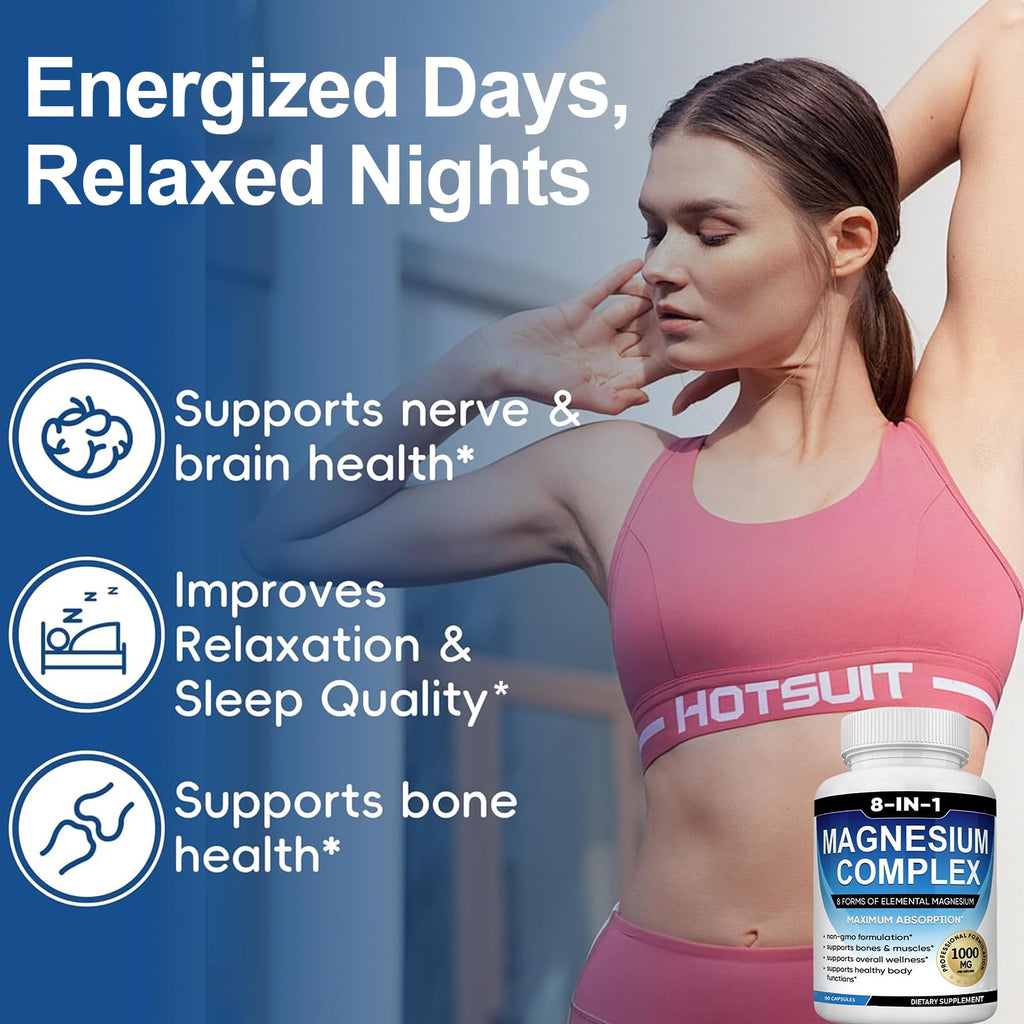 Magnesium Complex Supplement 8 Elemental 1000mg with Glycinate,Citrate for Muscle, Recovery, Stress, Energy, Bone Health, Vegan Non-GMO 180 Capsules, Magnesium Supplement for Women, Men, 2 Bottle