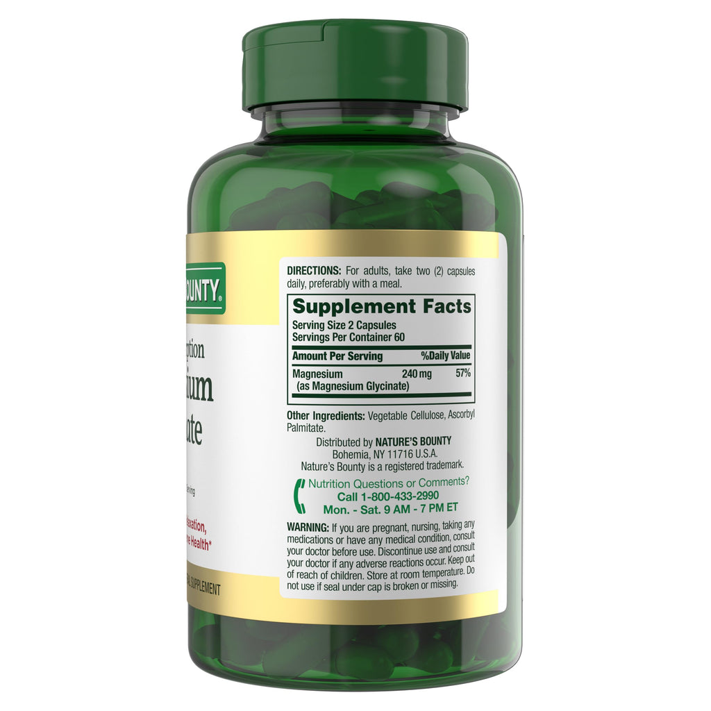 Nature’s Bounty High Absorption Magnesium Glycinate 240 mg for Supporting Muscle Relaxation and Bone, Heart & Nerve Health – Non-GMO, Gluten-Free, Vegetarian, 120 Count/60 Servings