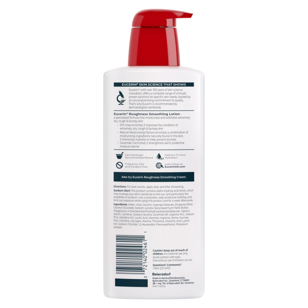 Eucerin Roughness Smoothing Lotion with Urea, 16.9 FL OZ | Urea Enriched Body Moisturizer for Rough, Bumpy, Dry Skin, 72 Hours of Hydration, Paraben and Fragrance Free