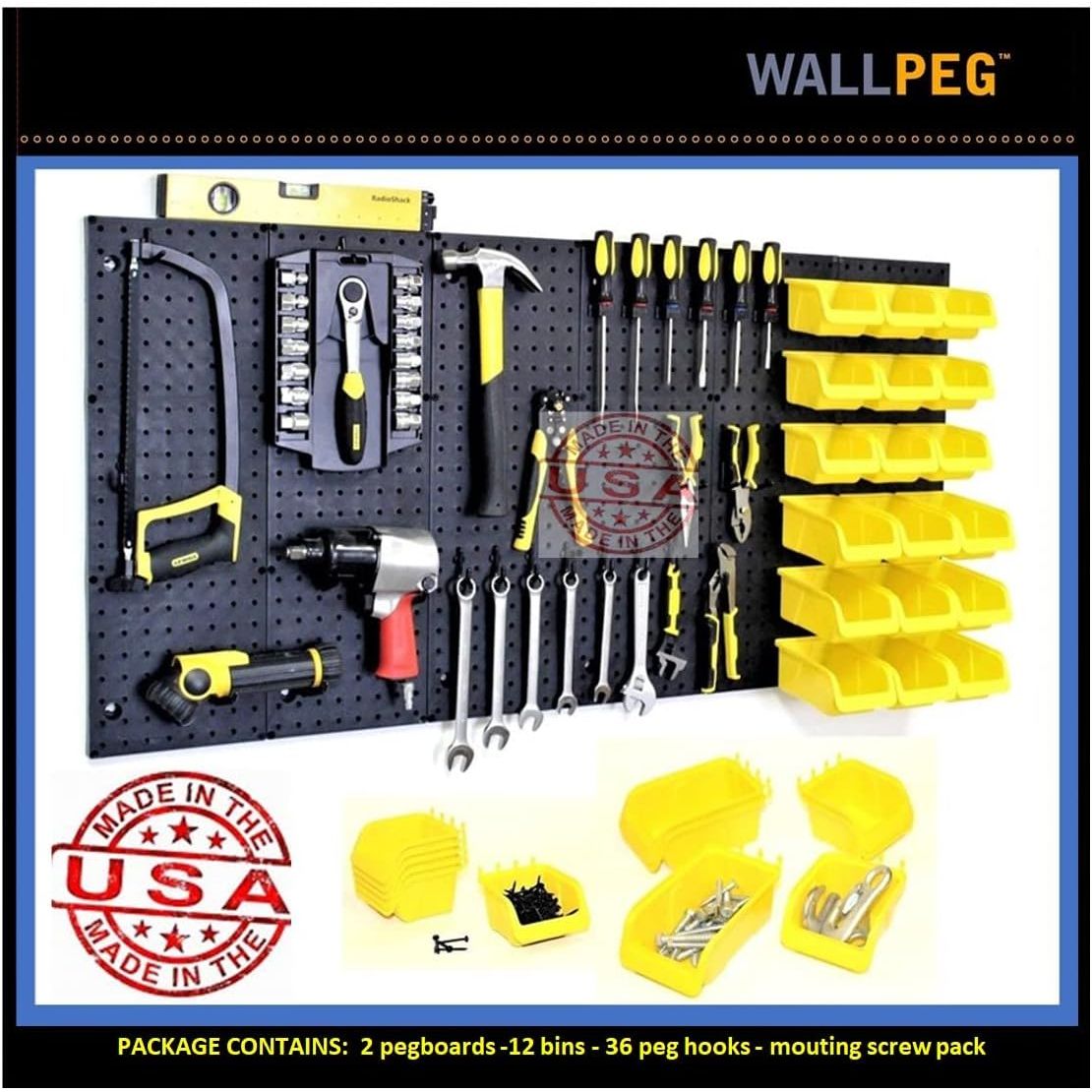 Buy now WallPeg 2 Black Pegboard Panels (24"x16" Each) with 36 Assorted Peg Hooks – Heavy-Duty Peg Board Garage Organizer Kit – Patented Flex-Lock Hooks – Made in USA Wall Storage System 16" x 48" Kit Black w Pegs & Bins at indiglob india