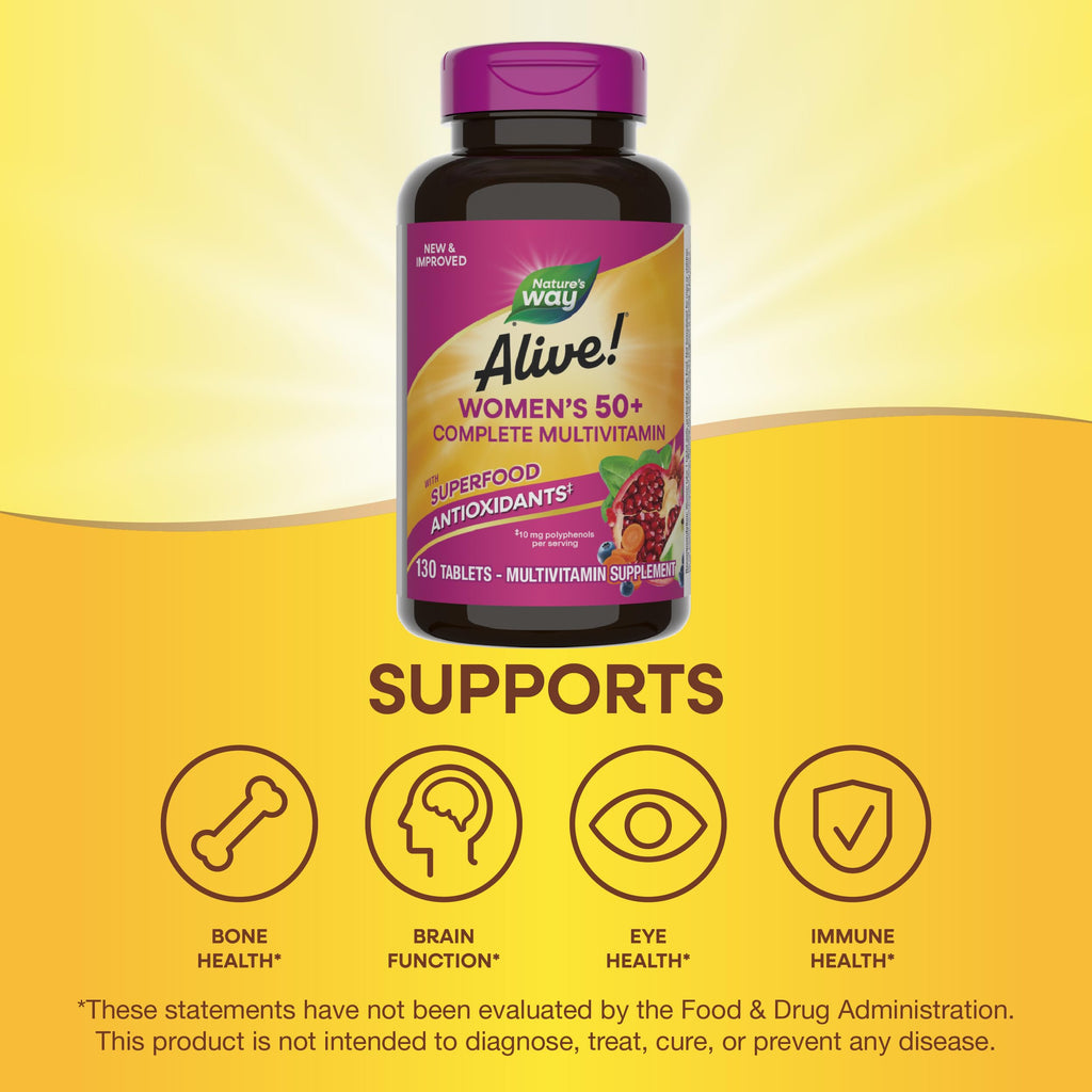 Nature's Way Alive! Women's 50+ Complete Multivitamins, Supports Healthy Heart, Brain, Bones*, Superfood Antioxidants, B-Vitamins, Gluten Free, 130 Tablets (Packaging May Vary),(Pack of 2)