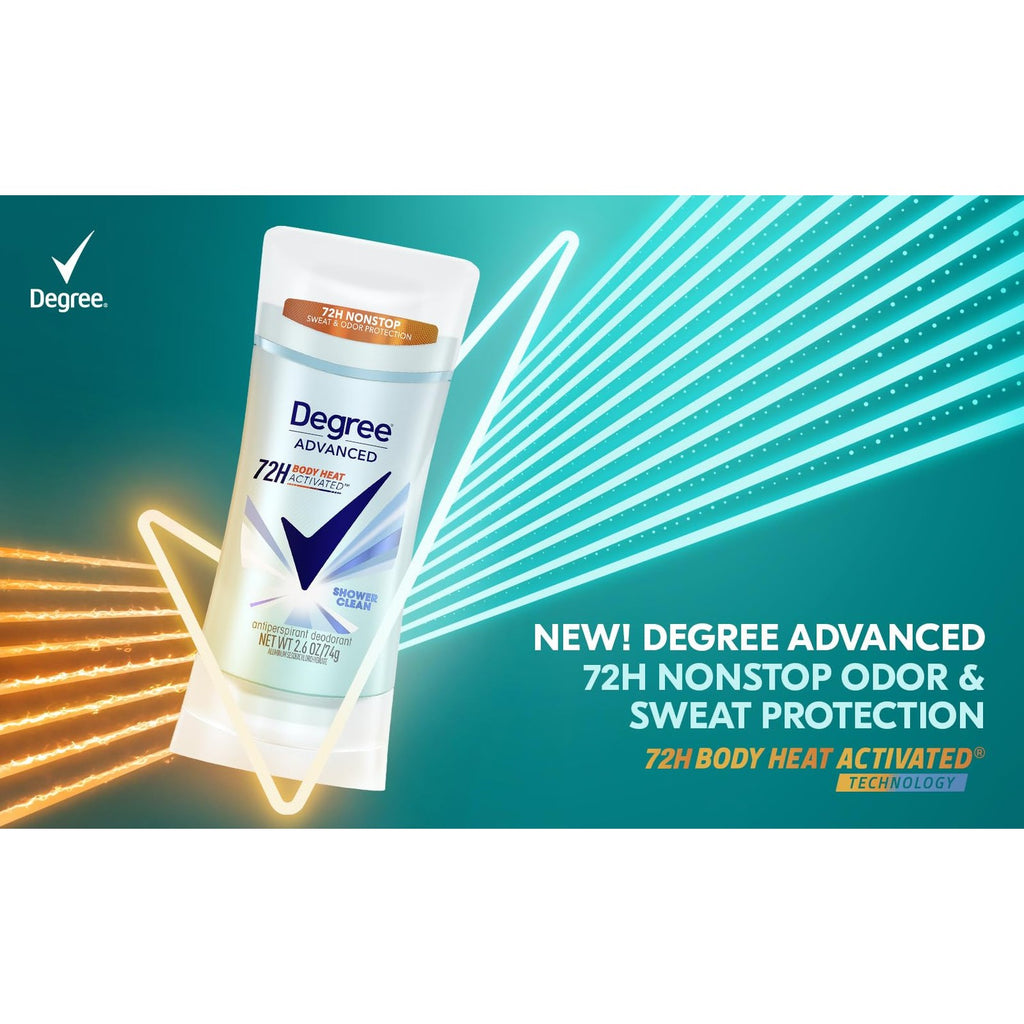 Degree Advanced Antiperspirant Deodorant 4 count 72-Hour Sweat & Odor Protection Shower Clean Antiperspirant for Women with MotionSense Technology 2.6 oz | For active days, Helps stay fresh & confident, With MotionSense, Shower Clean scent