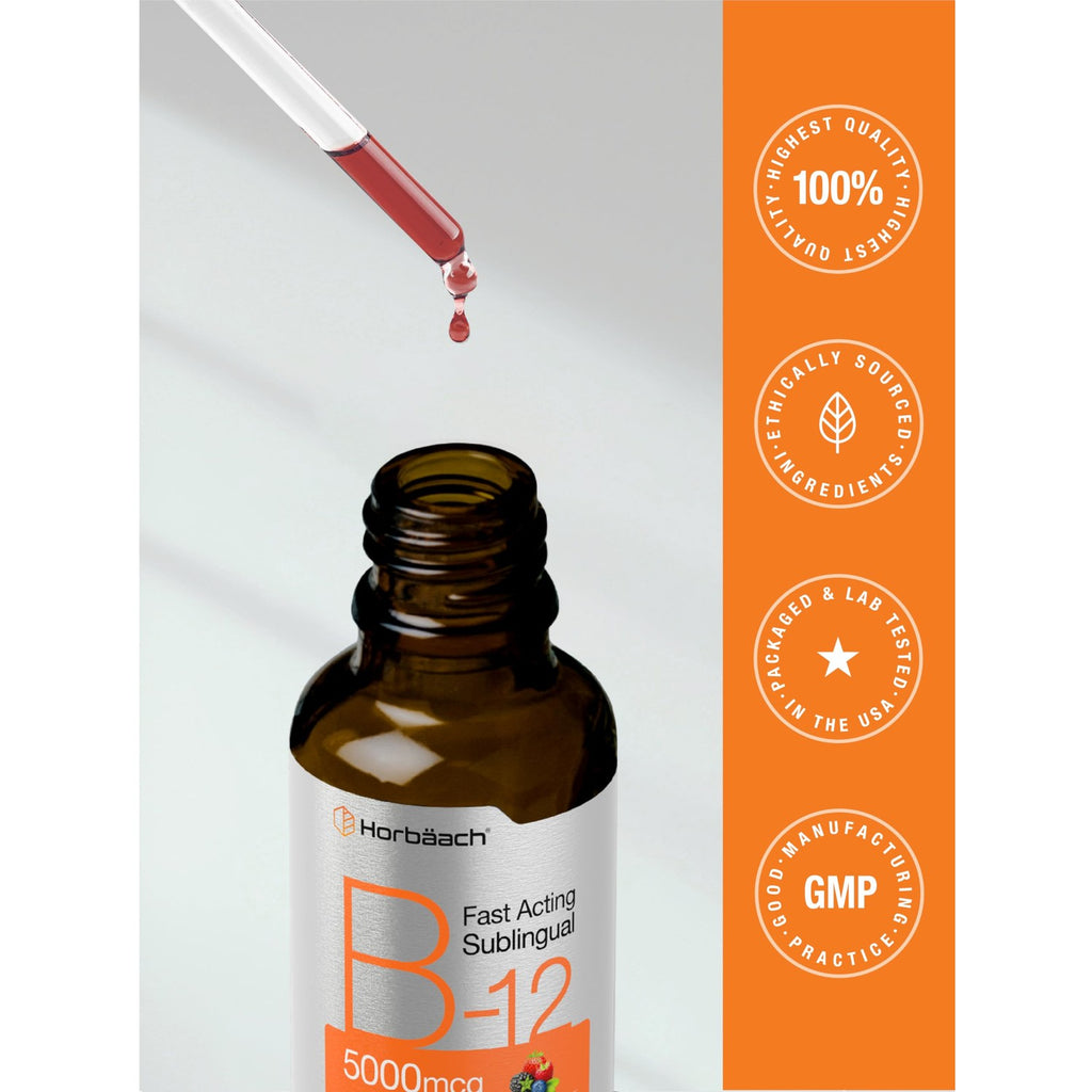 Horbaach B12 Vitamin 5000 mcg Sublingual | 4 Fl Oz | as Methylcobalamin and Cyanocobalamin | Liquid Vegetarian Drops | Berry Flavor | Non-GMO & Gluten Free Supplement
