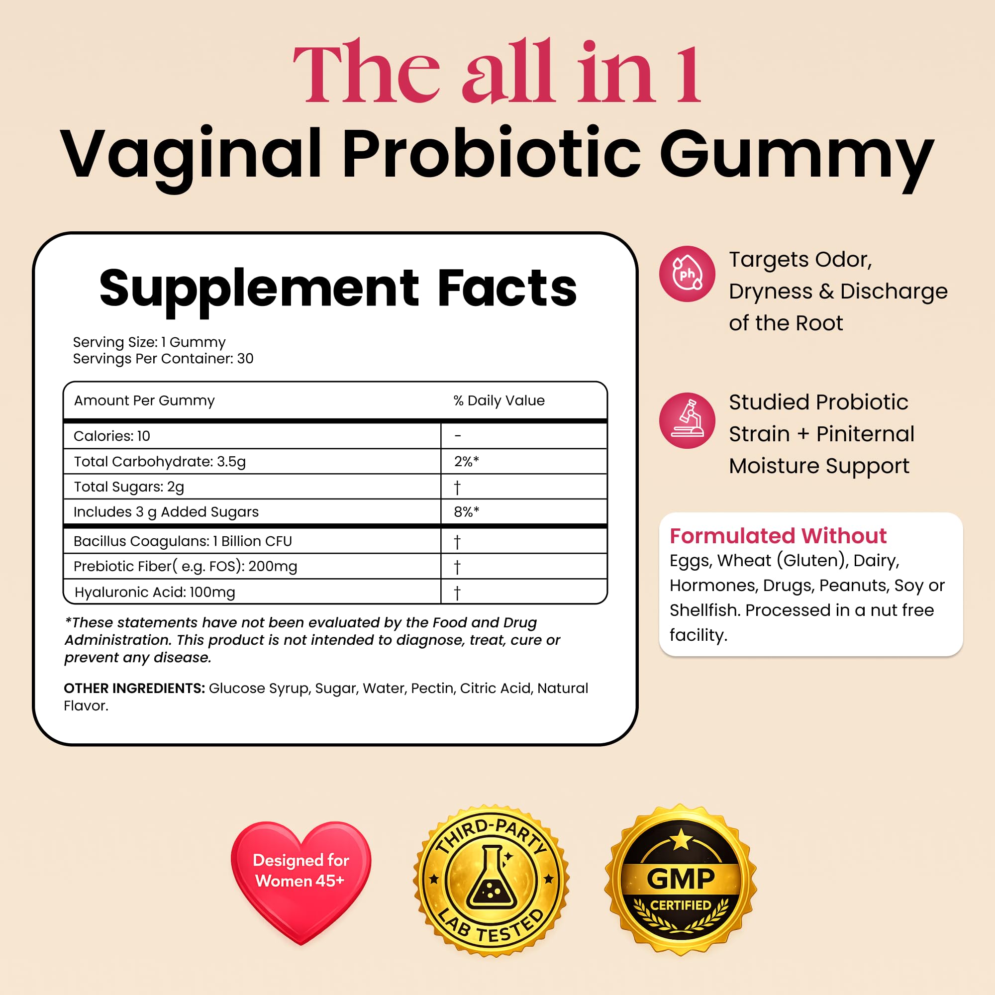 Flora+ pH Balance Vaginal Probiotic Gummies for Women – Pineapple | Prebiotics & Hyaluronic Acid · Feminine Odor and Freshness Support · Sugar Free · Vegan · Non-GMO · Gluten Free · 30 Gummies
