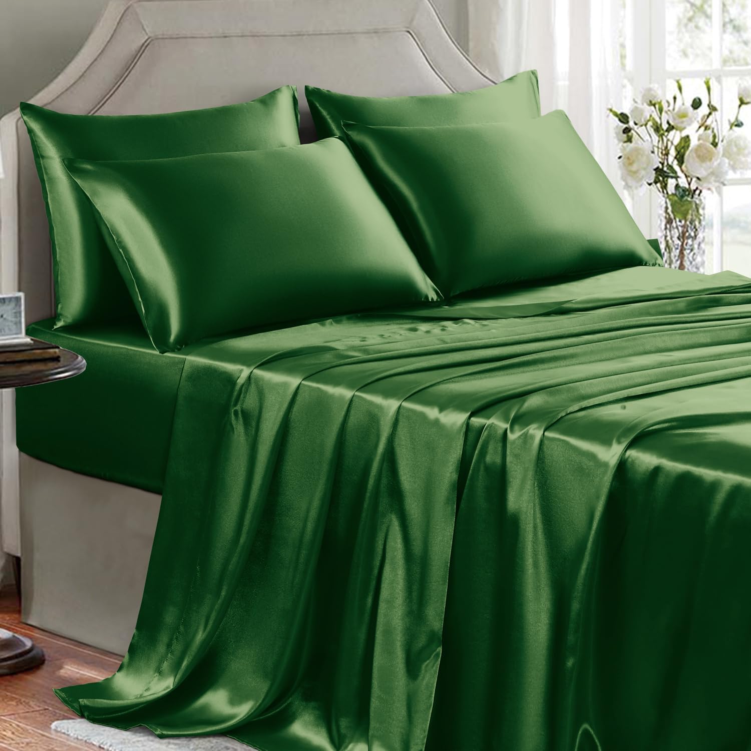Buy now Satin Sheets King Size - 4 Pieces Luxury Silky Soft Bed Sheets, Wrinkle-Free Gold Satin Silk Sheet Set with 1 Deep Pocket Fitted Sheet, 1 Flat Sheet, 2 Pillow Cases Queen(6Pc) Dark Green at indiglob india