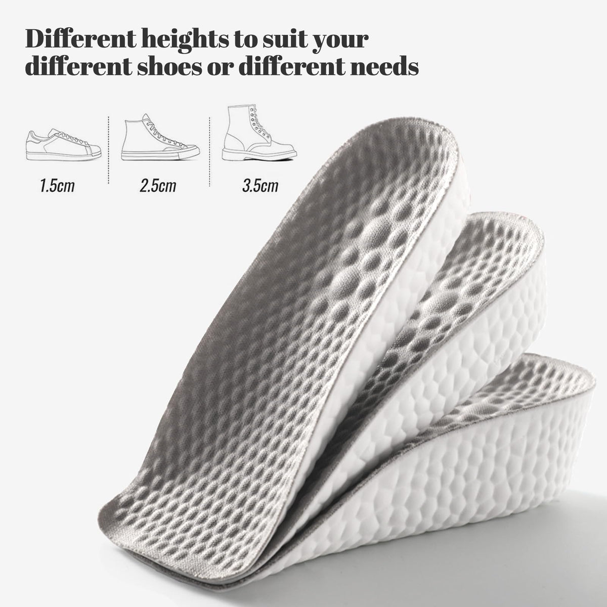 Height Increase Insoles for Men and Women, Foot Arch Contour Shoes Lifts for Men Orthopedic Heel Lift Cushion Gel Leg Discrepancy Balancer (Grey,3 Pairs - 1.5cm 2.5cm 3.5cm) (Grey)