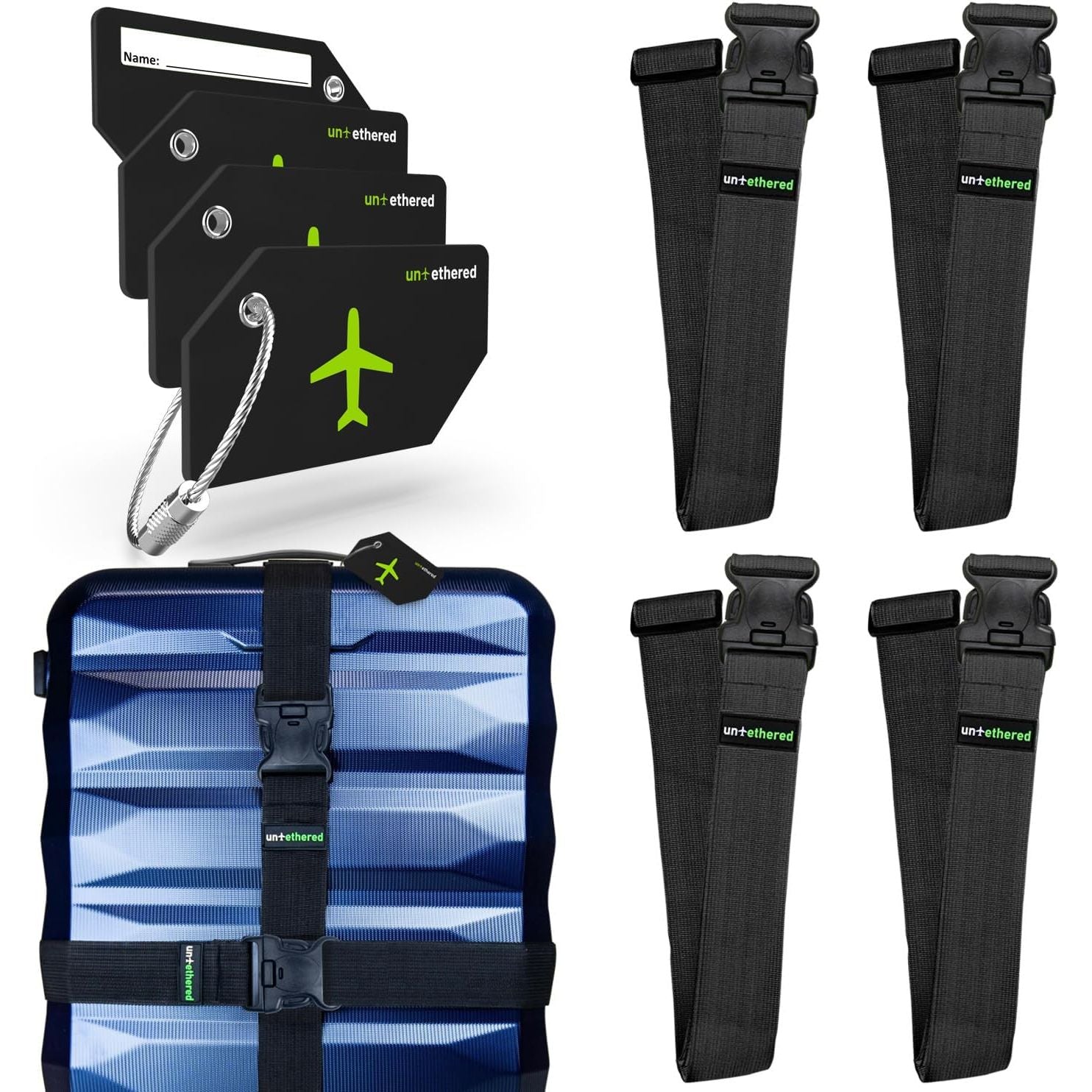 Buy now Untethered Luggage Straps | TSA-Approved Suitcase Belts with Heavy-Duty Buckles. Secure Adjustable Travel Accessories for Checked Bags. 4-Pack Black Straps + Tags at indiglob india