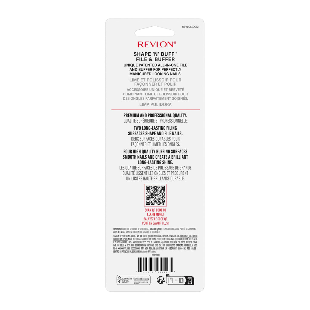 Revlon Shape 'N' Buff Nail Buffer Block, All-in-One Manicure Tool for Shaping & Shining Natural Fingernails, 1 Count
