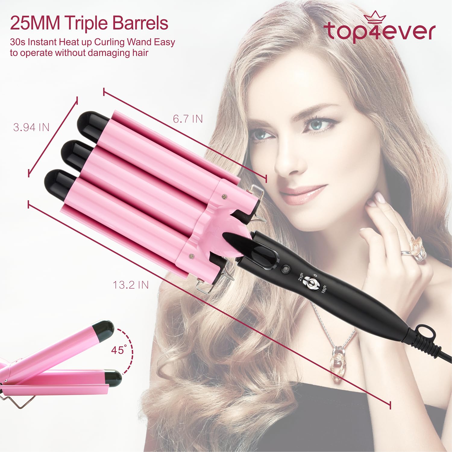 TOP4EVER 3 Barrel Curling Iron, 1-Inch Hair Crimper Tool for Women | Hair waver and hair crimper for women, designed to create beach waves, with two temperature settings for fine or thick hair.