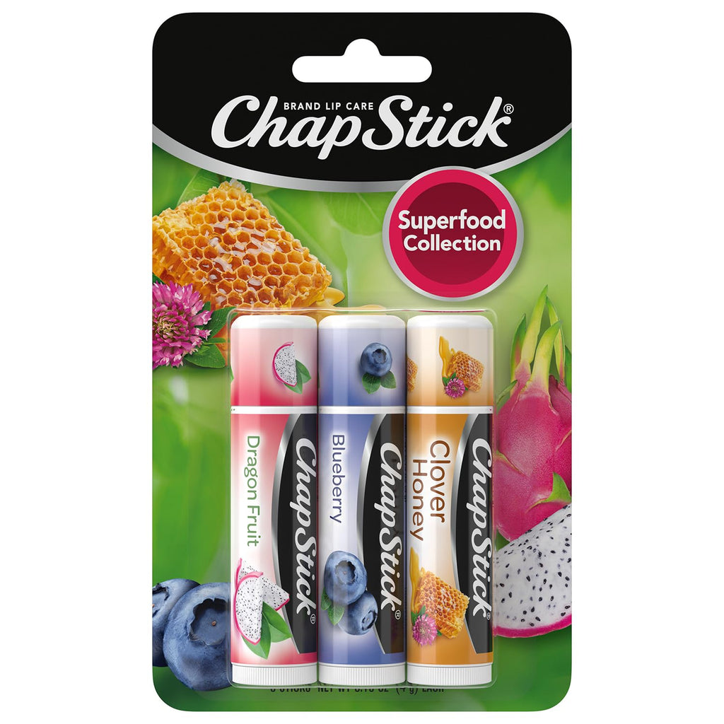 Buy now ChapStick Lip Balm, Superfood Collection 3-Pack – Dragon Fruit, Blueberry & Clover Honey, Moisturizer for Dry Lips, 0.15 Oz at indiglob india