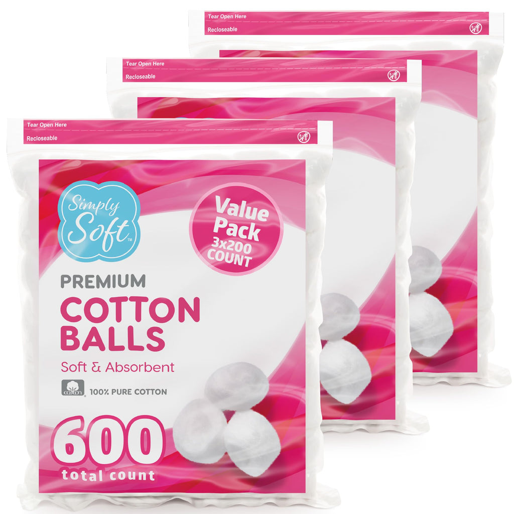 Simply Soft Premium Cotton Balls (600 Count), 100% Pure Cotton, Large Cotton Balls for Face and Nail Polish Remover