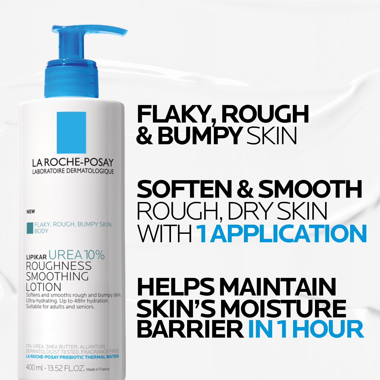 La Roche-Posay Lipikar Urea 10% Body Lotion for Dry Skin, 13.52oz | Rough and bumpy skin lotion with shea butter and allantoin that softens and smooths skin with 1 application.
