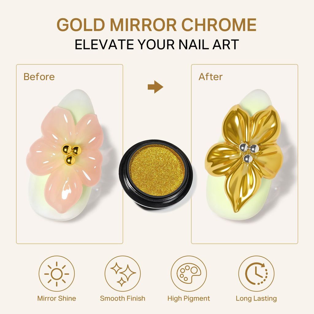 MIZHSE 3D Sculpting Gel enhances nail art with a gold mirror chrome finish. Verified by CuratCart for quality assurance.