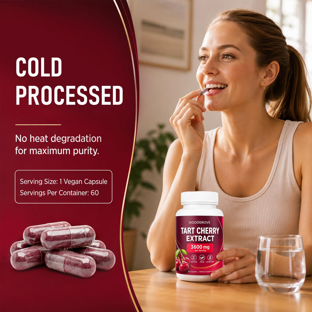 Tart Cherry Extract Capsules, 10:1 Concentrated Tart Cherry Extract Supplement, Antioxidant Support, Non-GMO, 60 Capsules