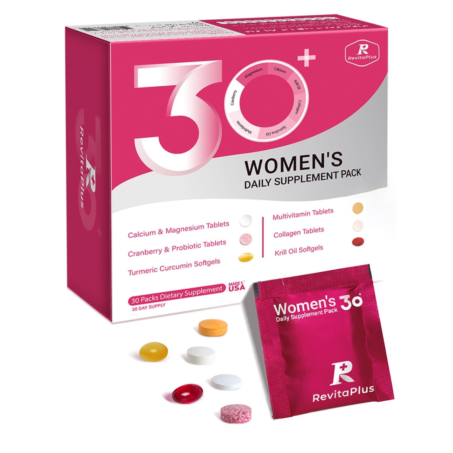 RevitaPlus Multivitamin for Women Daily Pack 60 Servings | Vitamin A,B,C,D3,E,K2,Biotin, Collagen, Krill Oil, Cranberries, Vitamin Packs for Women Energy,Wellness,Beauty and Immune