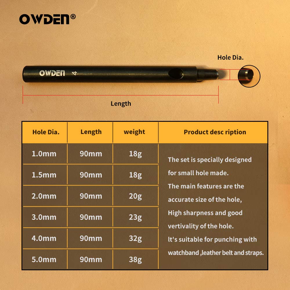 OWDEN Professional 6Pcs Leather Hollow Punch Set, 1.0-5.0mm,Slim Style.