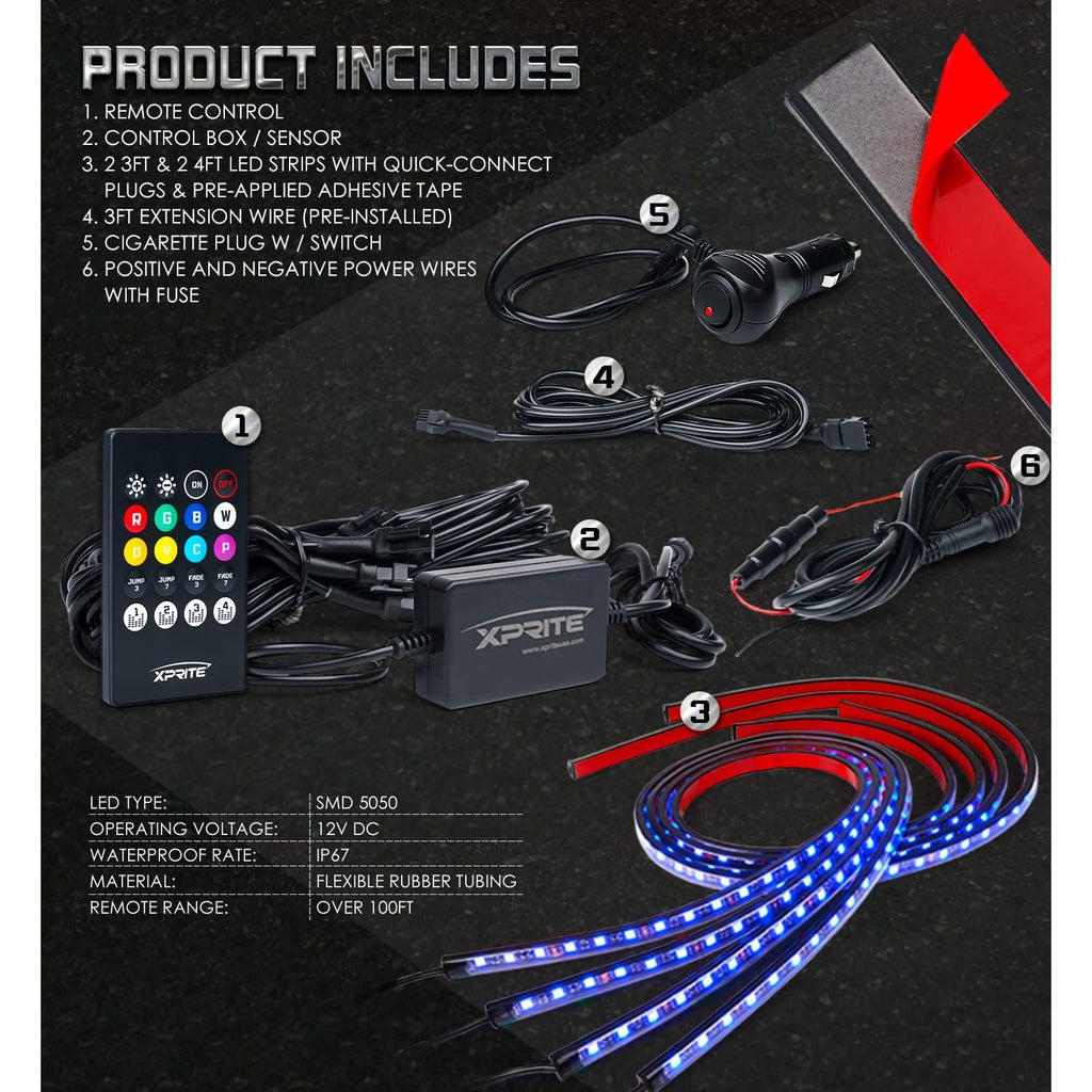 Buy now Xprite Car Underglow Neon Accent Strip Lights, 4 Pcs RGB 252 LEDs Underglow Kit with Sound Active Function Music Mode & Wireless Remote, Exterior Car Lights Underbody Lighting for Truck SUV Van at indiglob india