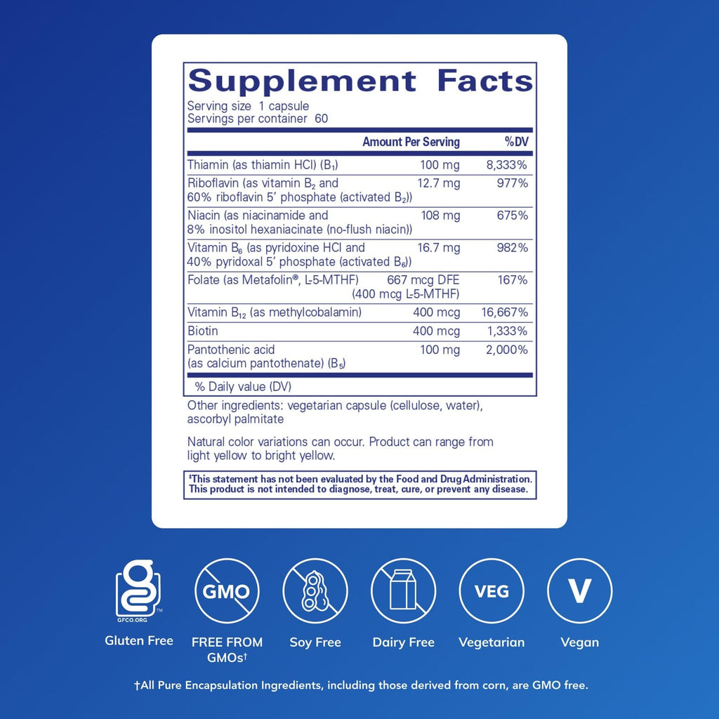 Pure Encapsulations B-Complex Plus, 60 Capsules | B Vitamins Supplement to Support Neurological Health, Cardiovascular Health, Energy Levels and Nervous System Support*