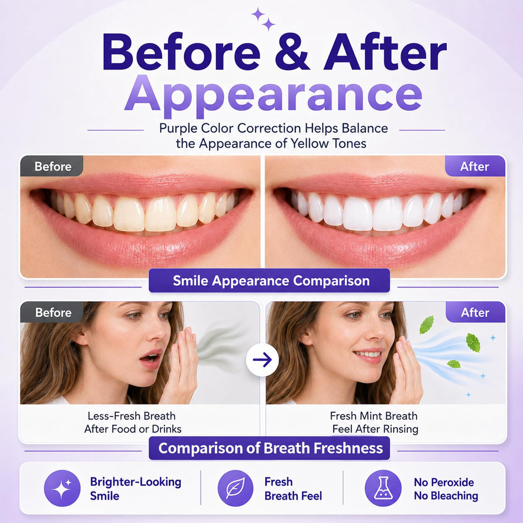 Purple Color Correcting Mouthwash Sachets, 20 Count Instant Optical Whitening Oral Rinse, Alcohol & Peroxide Free Mint Mouthwash for Fresh Breath & Smile Brightening Daily Oral Care