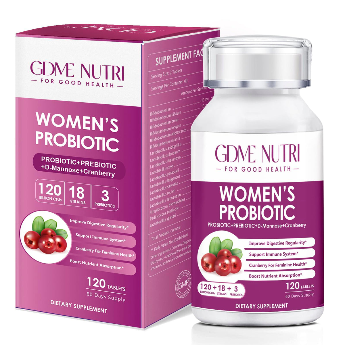 Women's Probiotics, 120 Tablets 120 Billion CFU 18 Strains, Contains Organic Prebiotic Cranberry, Probiotic Supplement for Digestion, Immunity, Women's Health, Soy Gluten Dairy Free