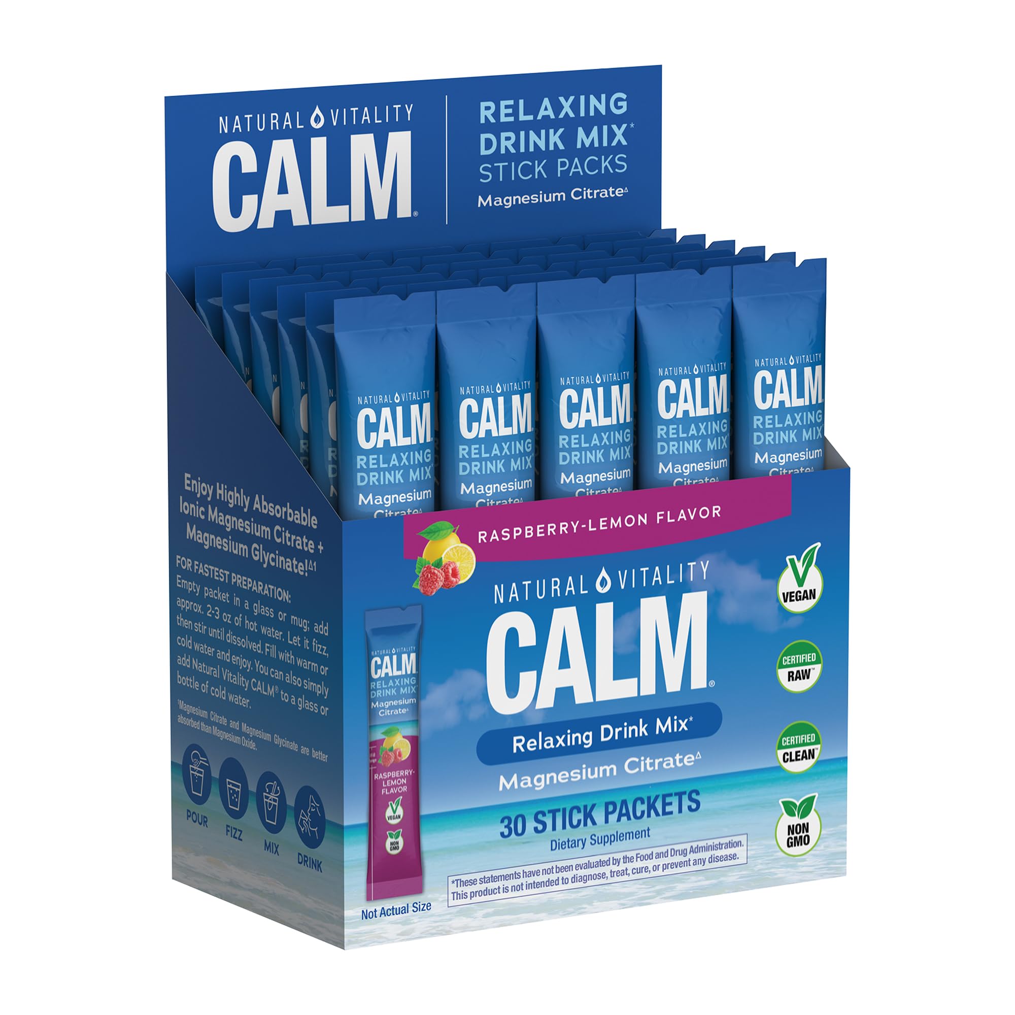 Natural Vitality Calm Magnesium Stick Packets | Raspberry Lemon Flavored Relaxing Drink Mix Powder | On-The-Go Pouches | Gluten & Sugar-Free | 255mg Per Serving | 30 Count