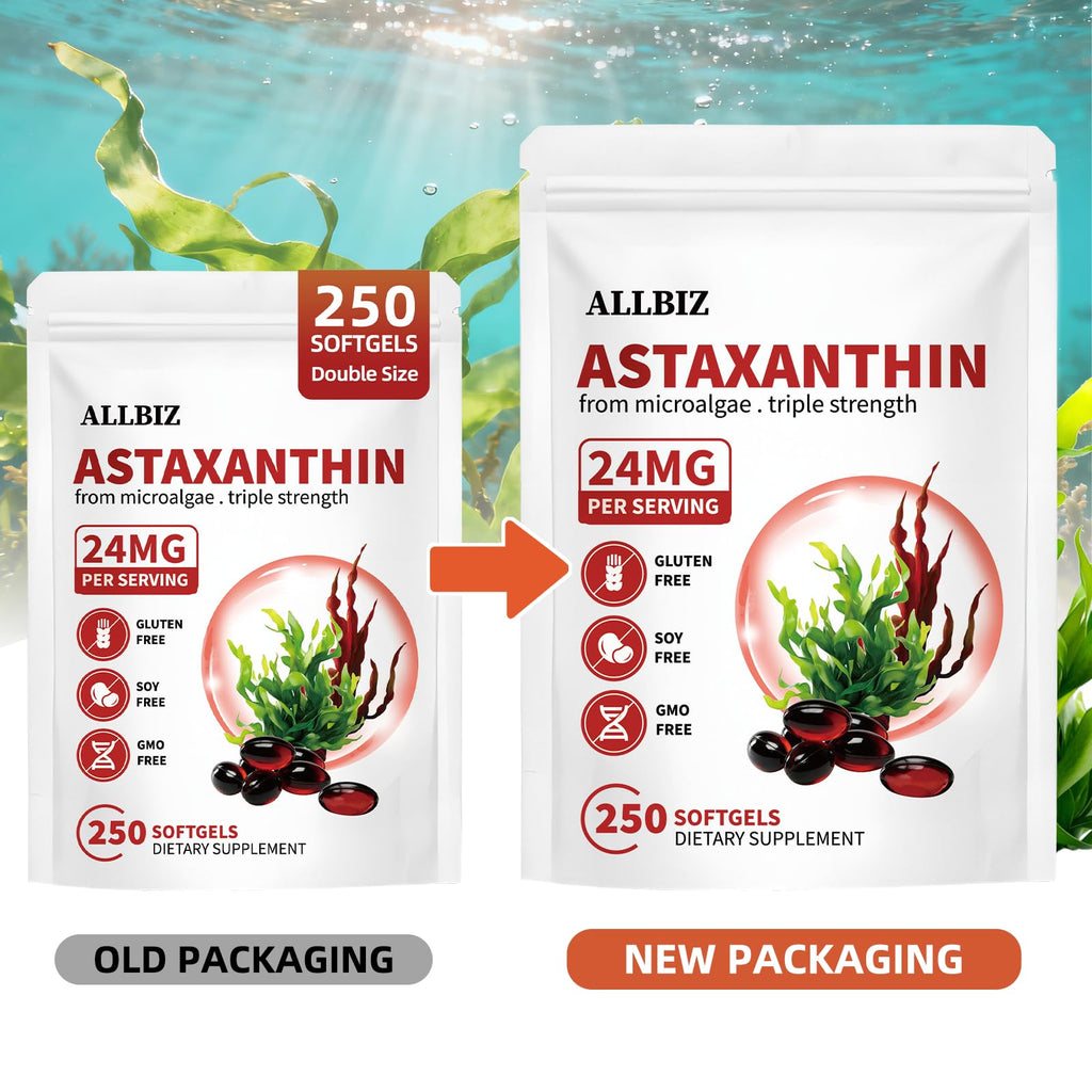 ALLBIZ Astaxanthin 24mg | 250 Softgels | 250-Day Supply | Premium Antioxidant Supplement Supports Eye, Skin, Brain & Liver Health | Natural Microalgae Source, Non-GMO, Gluten Free