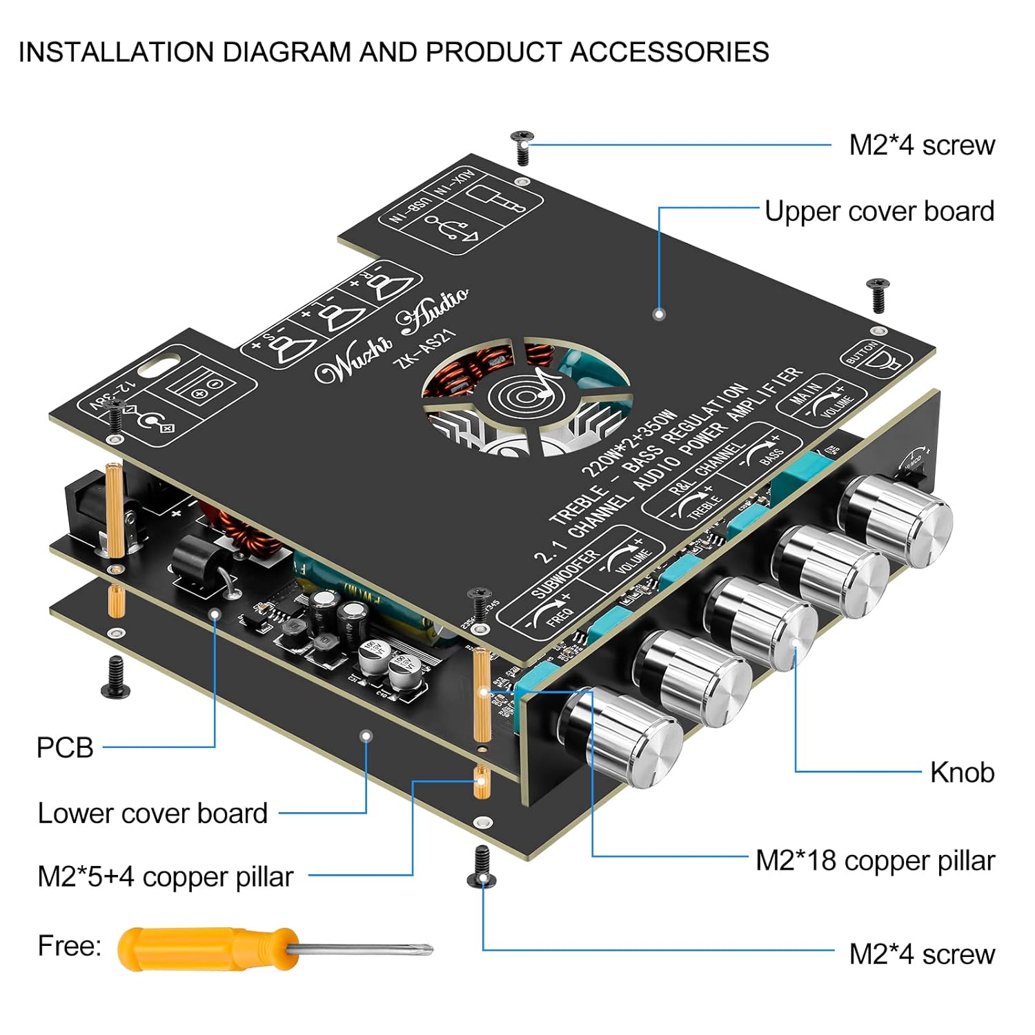 Buy now Bluetooth Power Amplifier Board Stereo - HiFi 2.1 Channel 2X220W+350W Bluetooth 5.1 16-32V Digital Power Audio Amplifier Module Subwoofer Control with AUX/Bluetooth/USB Flash Drive (ZK-AS21) at indiglob india